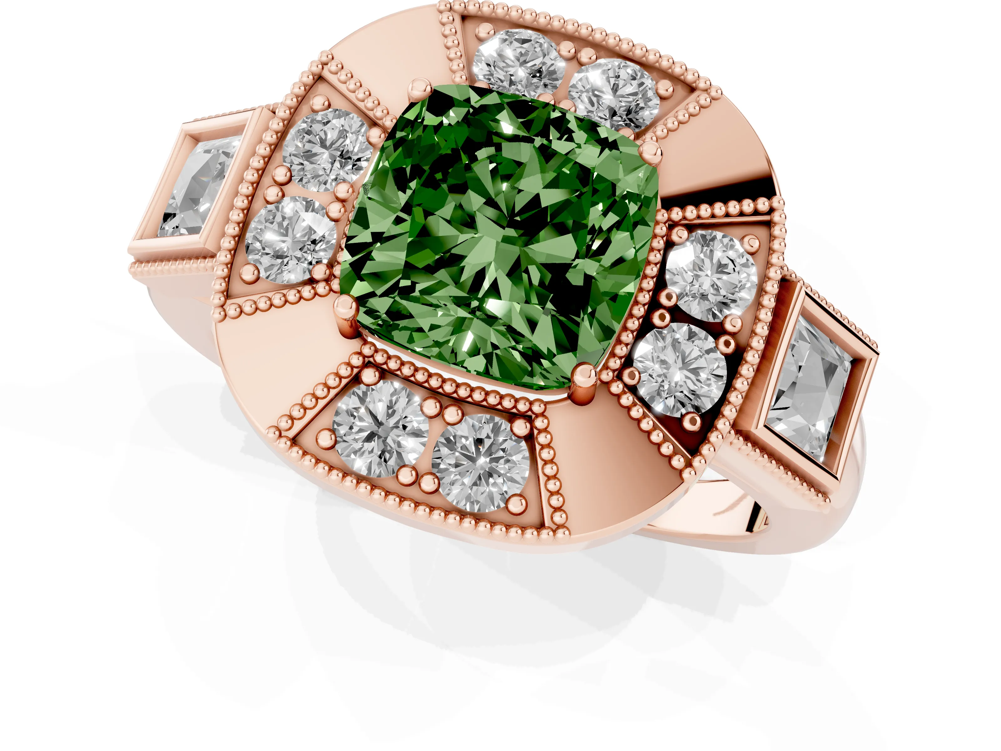 Fancy Green Cushion Cut Diamond Milgrain Halo Ring Set in Rose gold with Split Shank