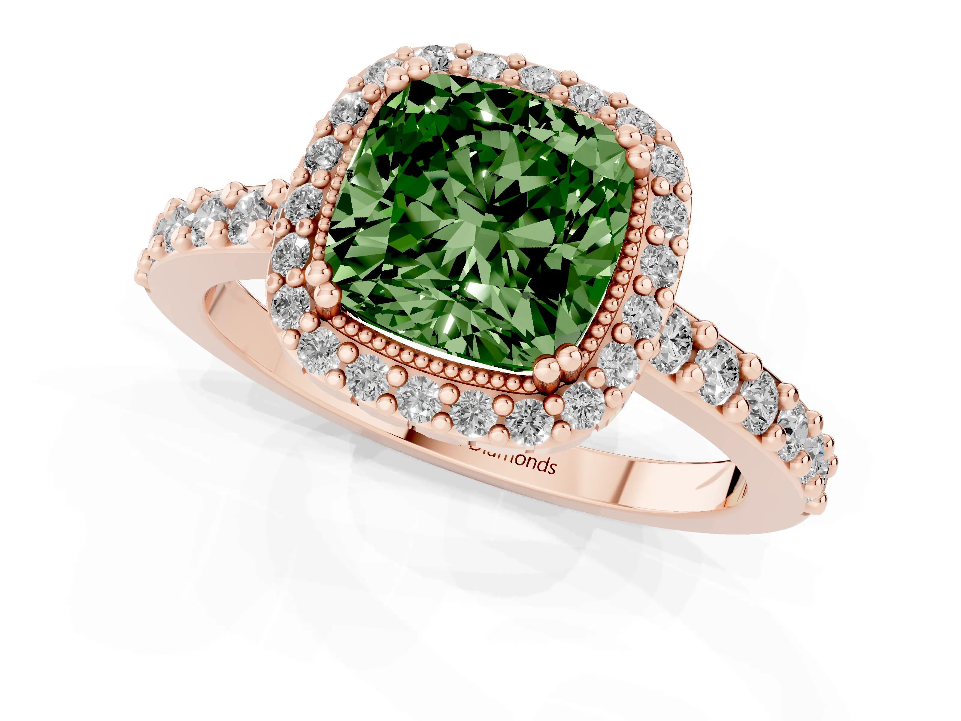 Fancy Green Cushion Cut Diamond Halo Engagement Ring Set in Rose gold with Milgrain Detail and Pavé Band