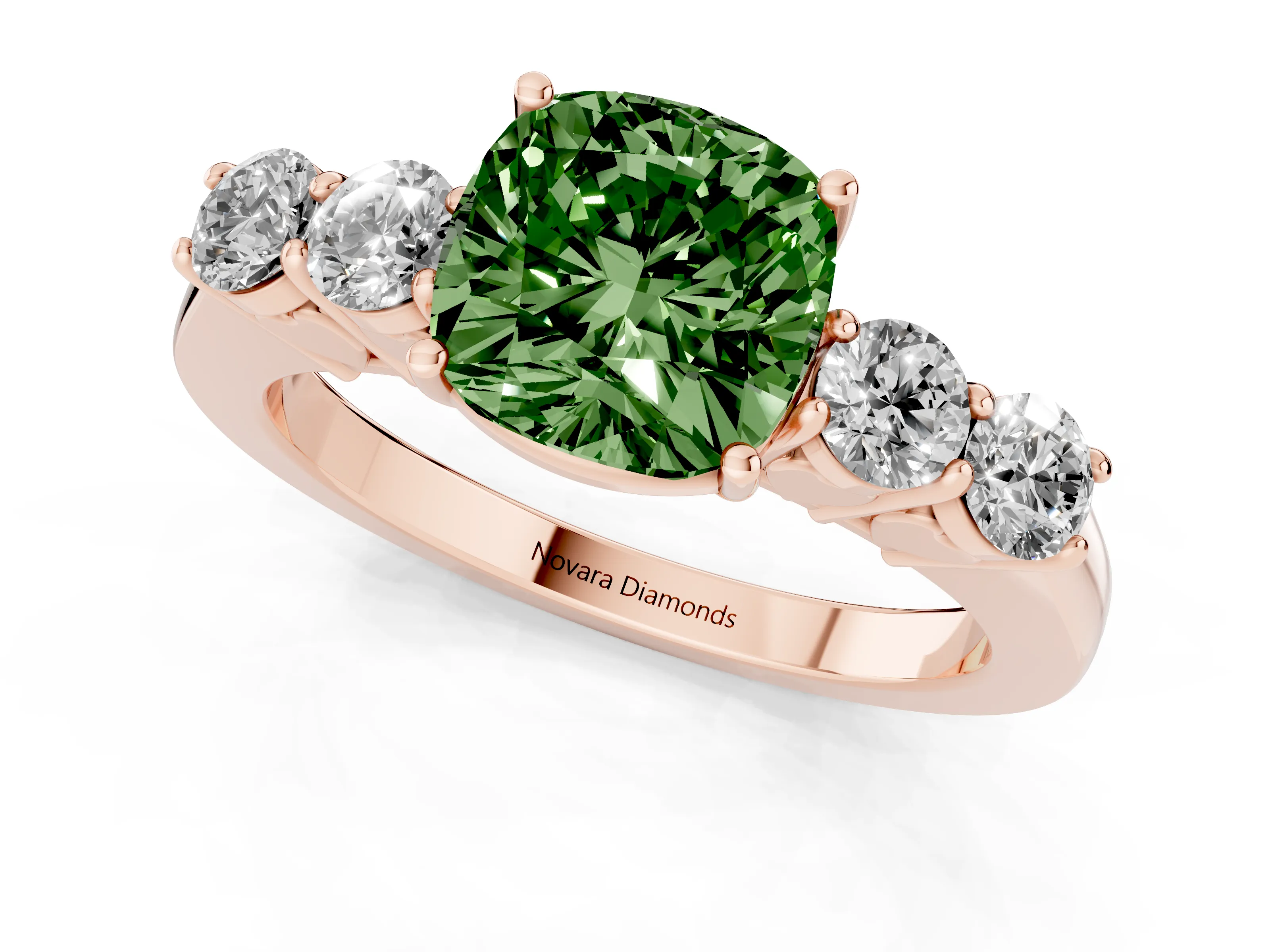 Fancy Green Cushion Cut Diamond Five-Stone Prong Set Band Ring Set in Rose gold with Polished Band