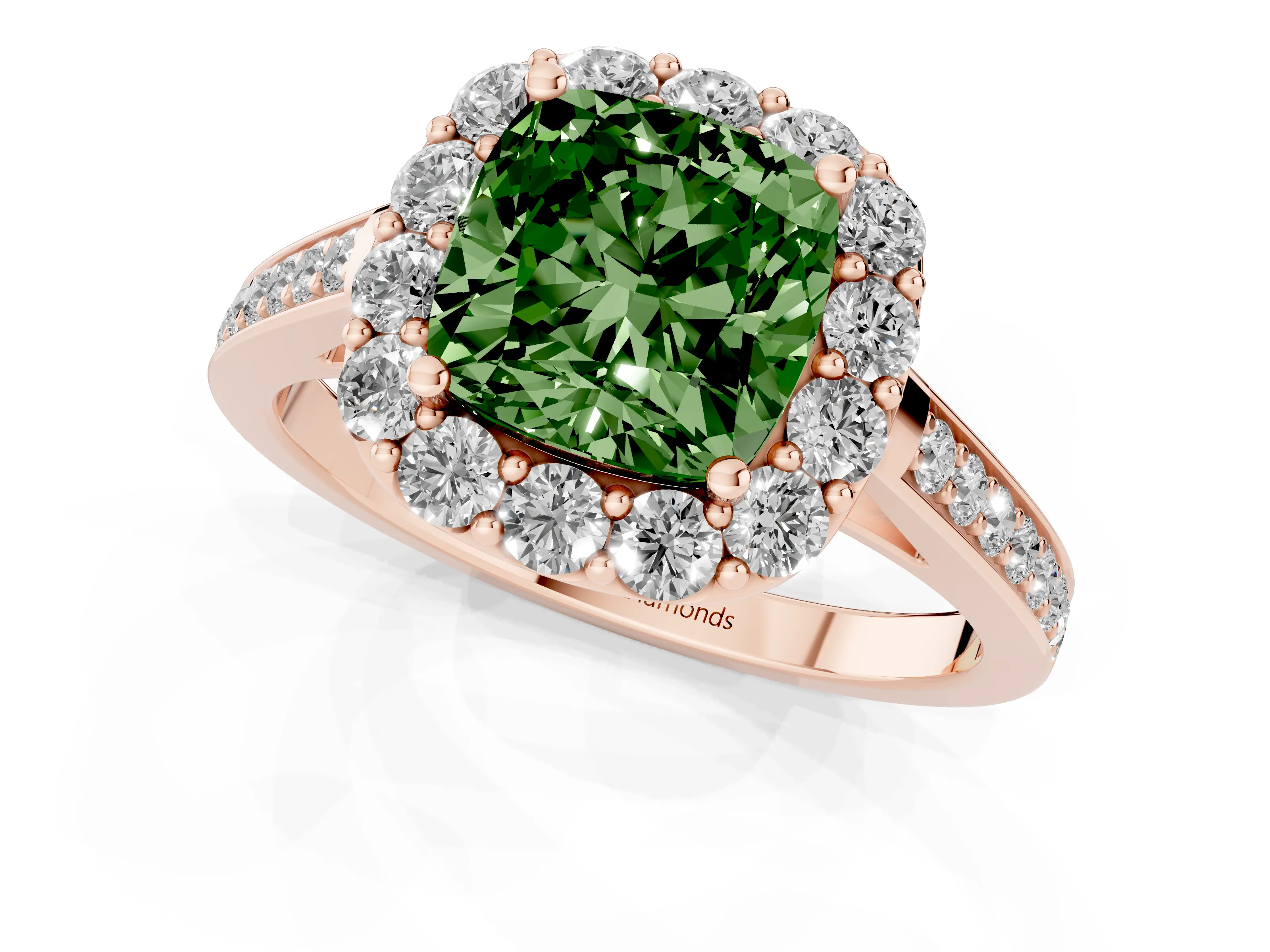 Fancy Green Cushion Cut Diamond Floral Halo Ring Set in Rose gold with Pavé Band and Prong Setting