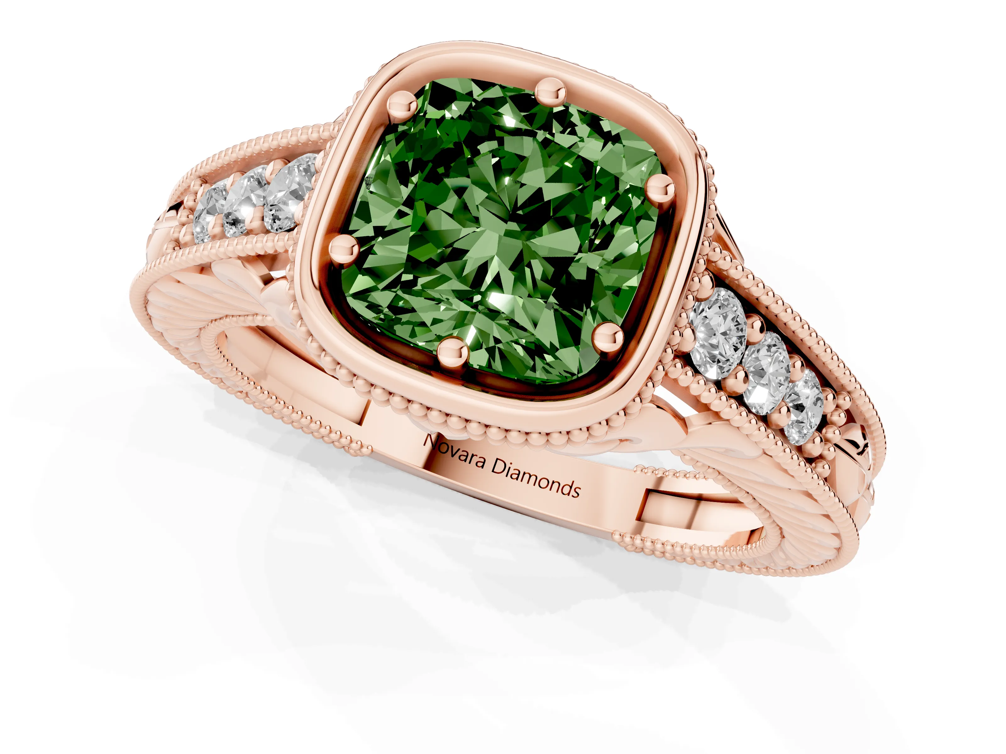 Fancy Green Bezel Set Cushion Cut Diamond Milgrain Pavé Engagement Ring Set in Rose gold