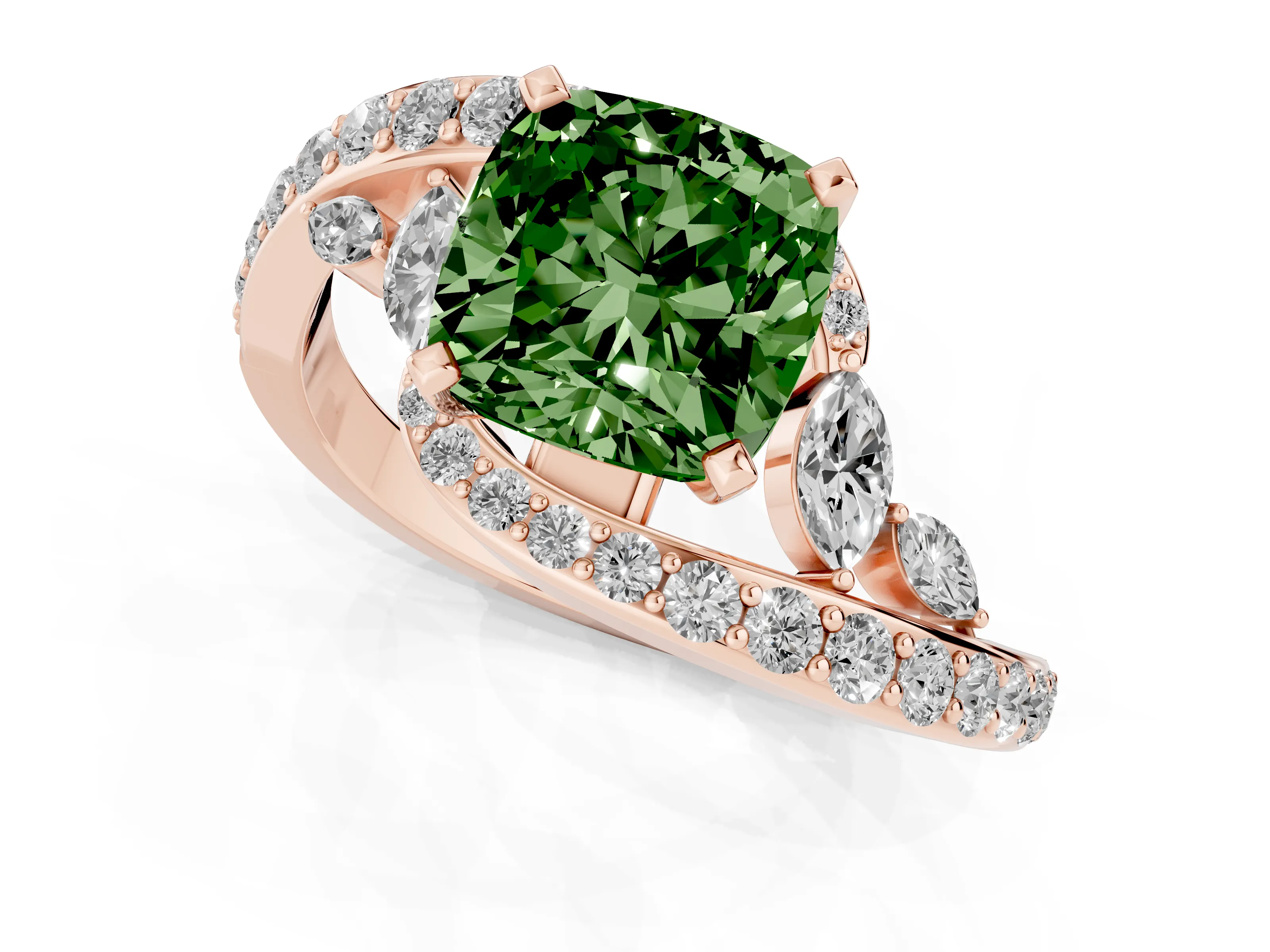 Fancy Green Cushion Cut Diamond Solitaire Ring Set in Rose gold with Filigree Band and Prong Setting