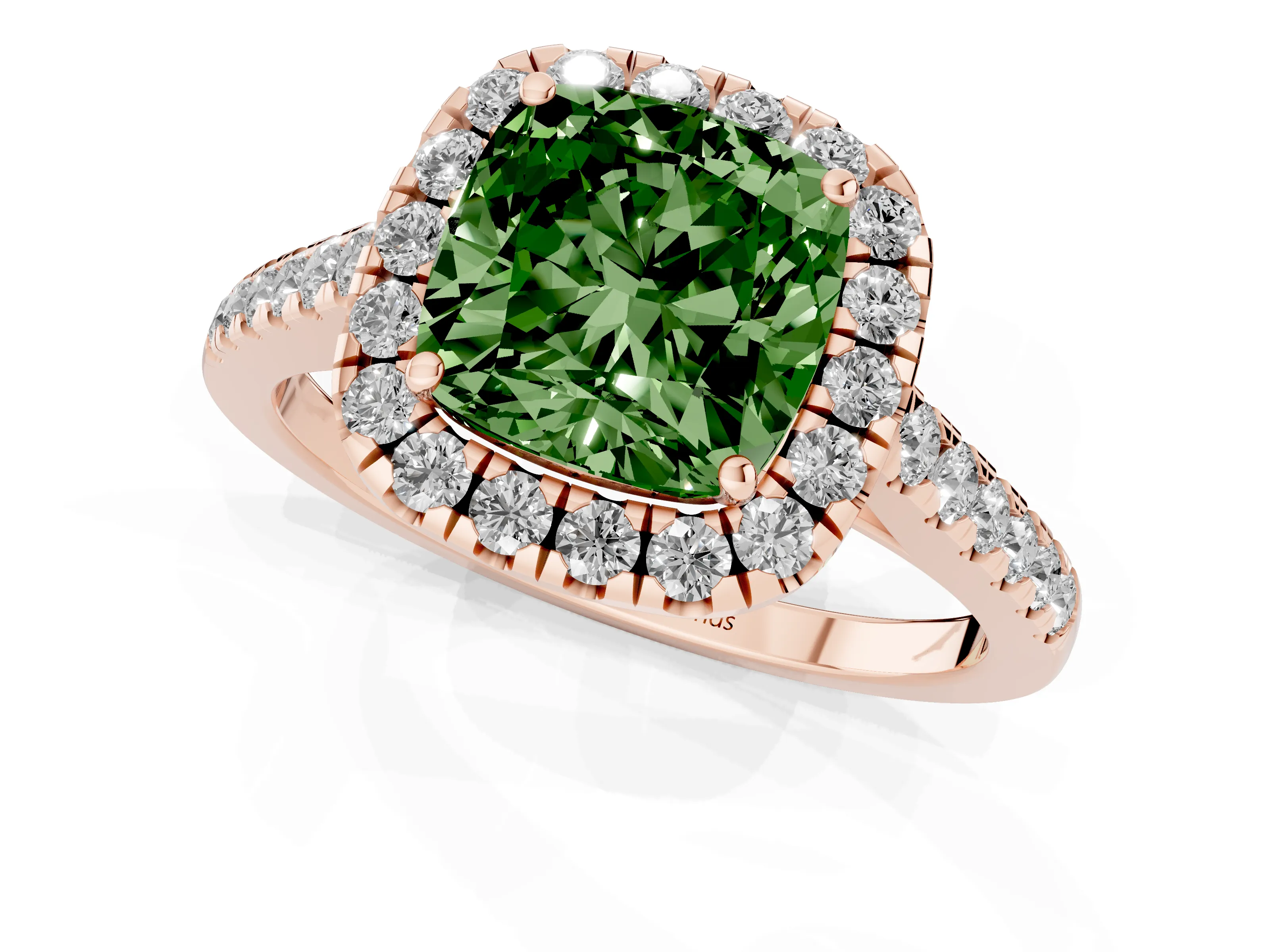 Fancy Green Cushion Cut Diamond Halo Pavé Engagement Ring Set in Rose gold with Prong Setting