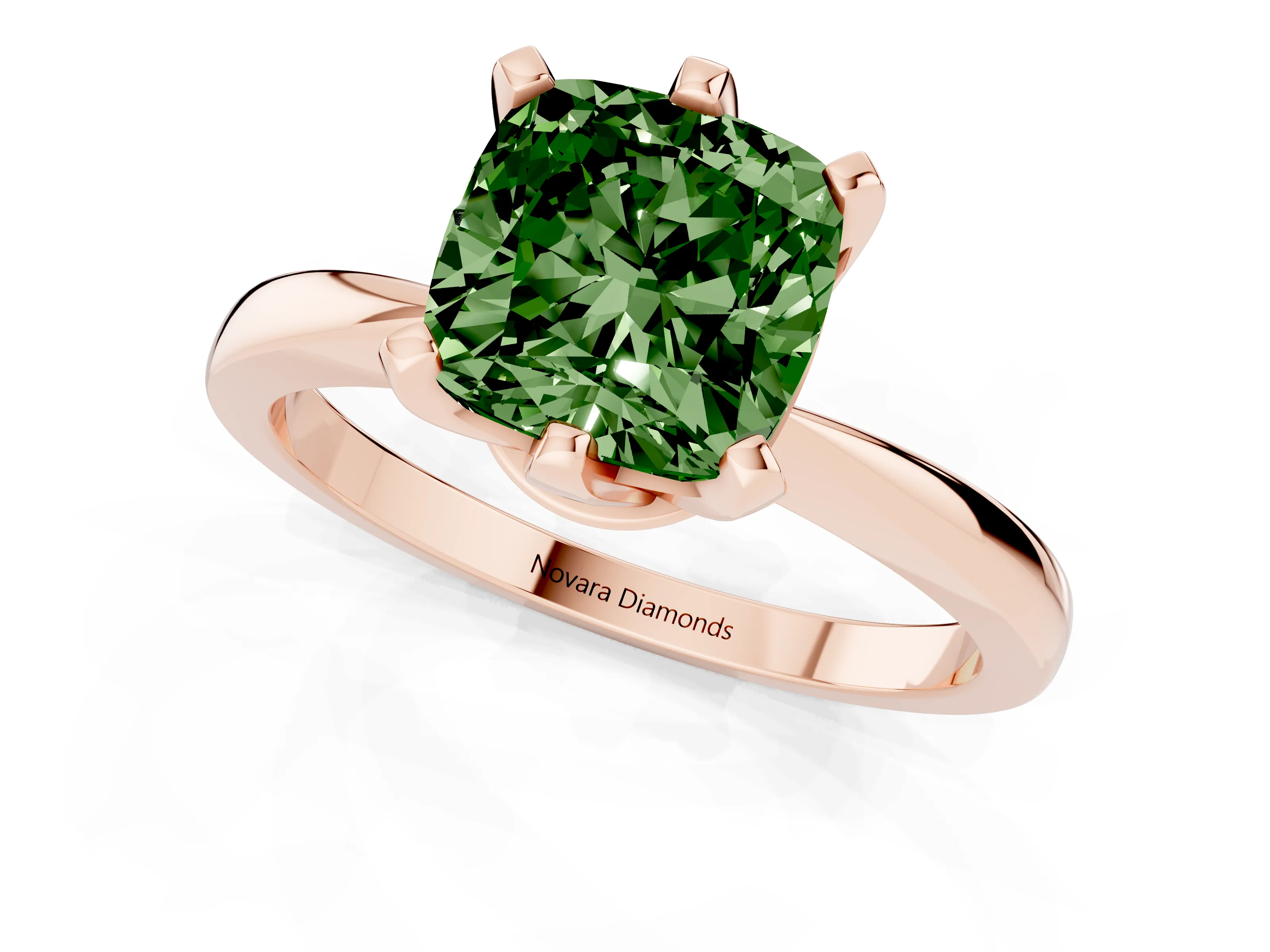 Fancy Green Cushion Cut Diamond Solitaire Engagement Ring Set in Rose gold with Slim Tapered Solitaire Band
