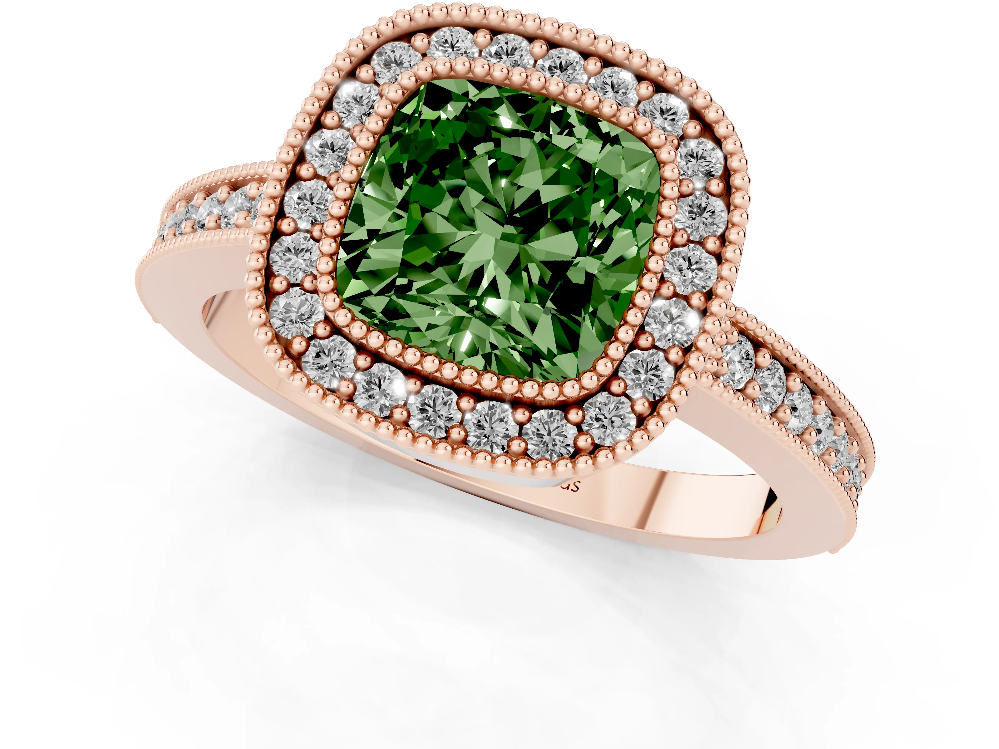 Fancy Green Cushion Cut Diamond Halo Engagement Ring Set in Rose gold with Pavé Band and Round Halo Stones