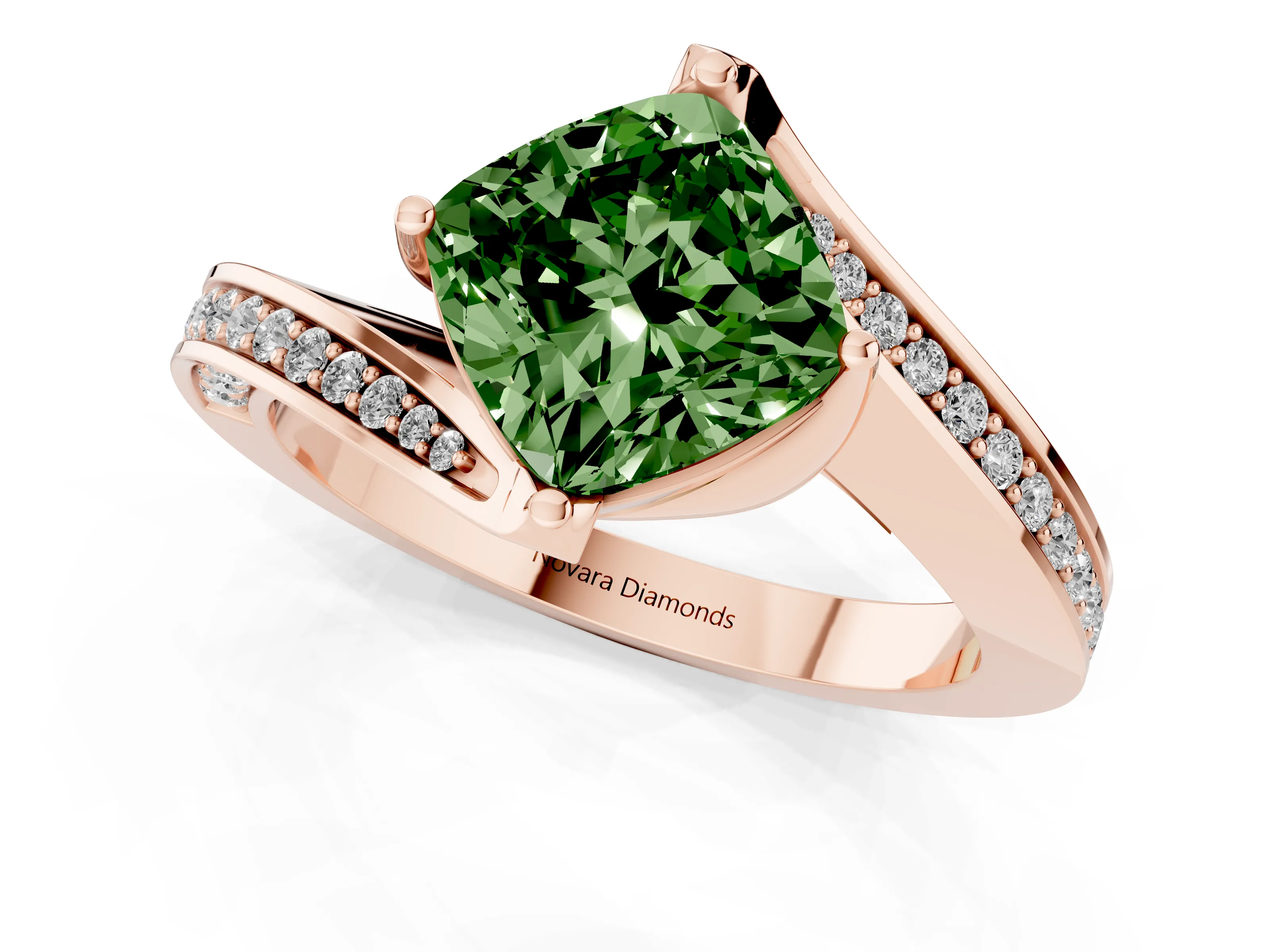 Fancy Green Cushion Cut Diamond Solitaire Ring Set in Rose gold with Intertwined Pavé Twist Band