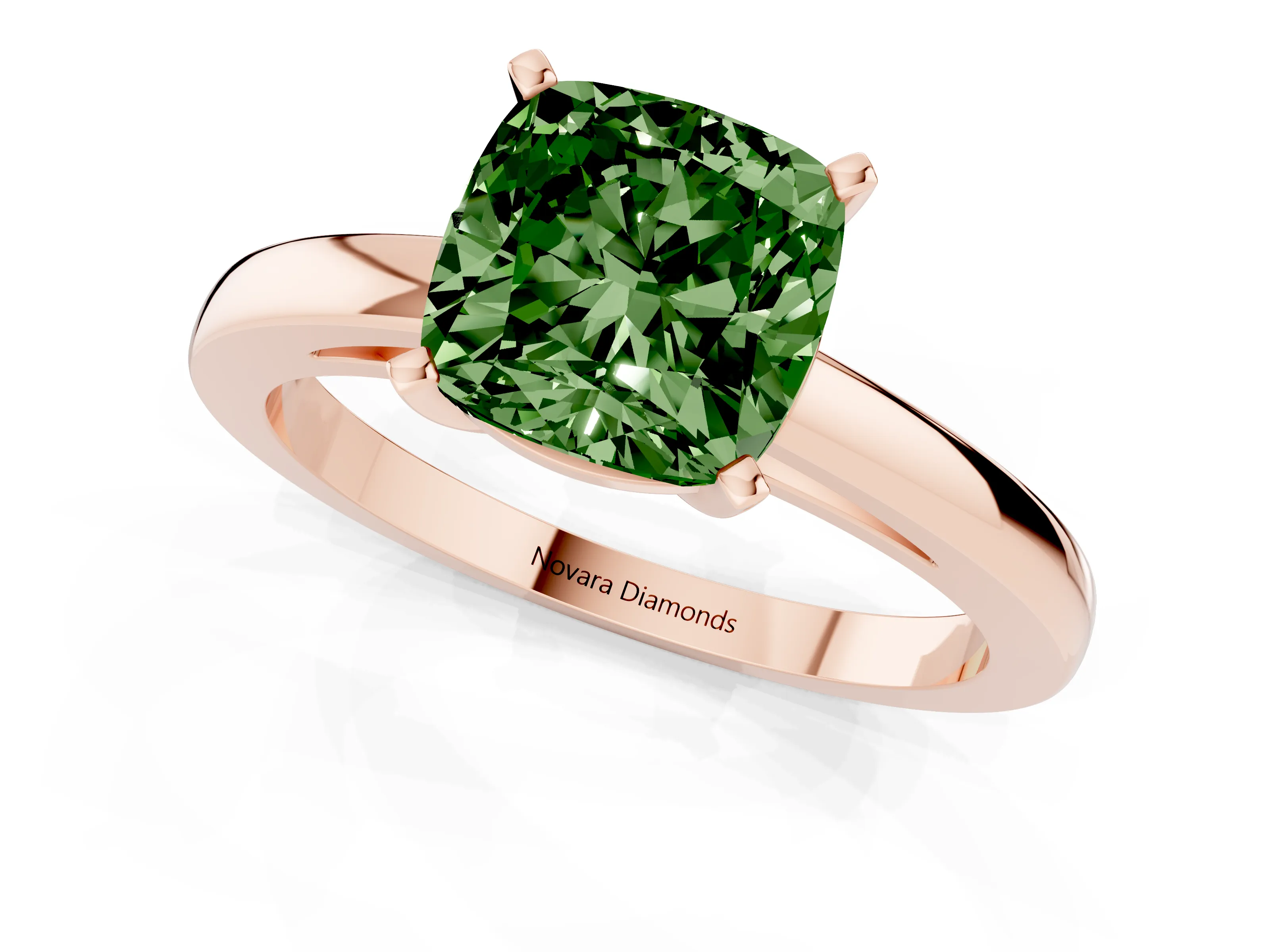 Fancy Green Cushion Cut Diamond Solitaire Engagement Ring Set in Rose gold with Prong Setting on a Classic Band