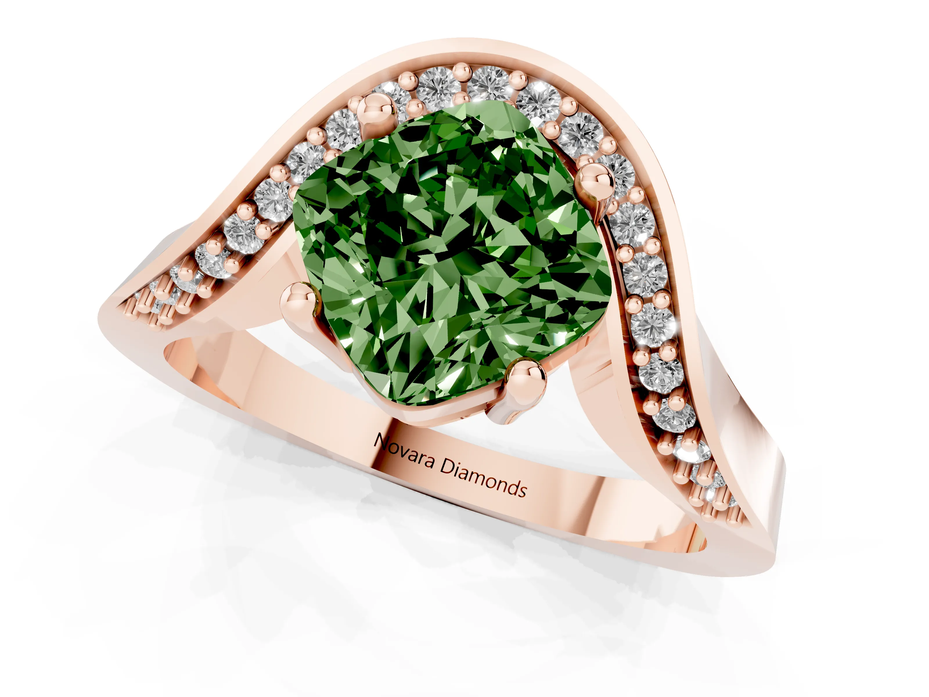 Fancy Green Cushion Cut Diamond Solitaire Engagement Ring Set in Rose gold with Pavé Shoulders