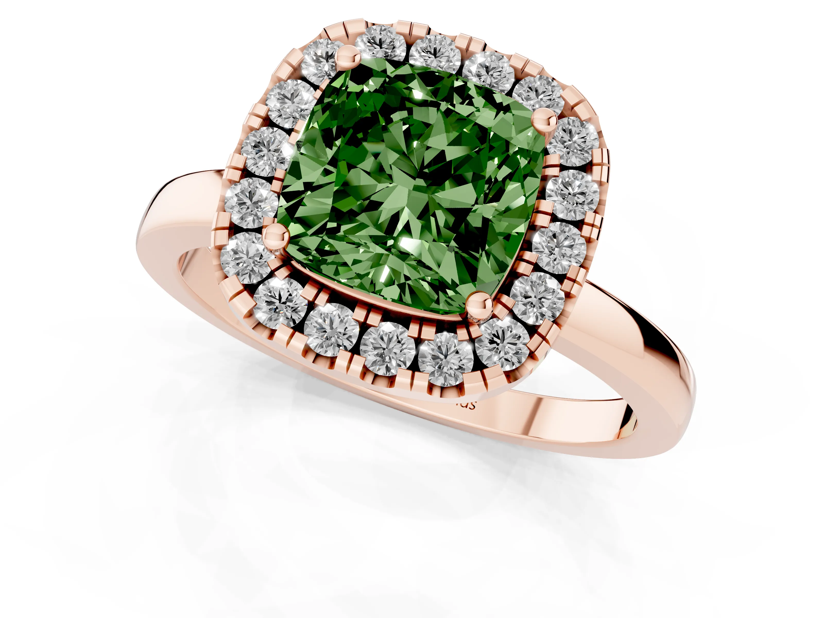 Fancy Green Cushion Cut Diamond Halo Solitaire Ring Set in Rose gold with Pavé Band and Prong Setting