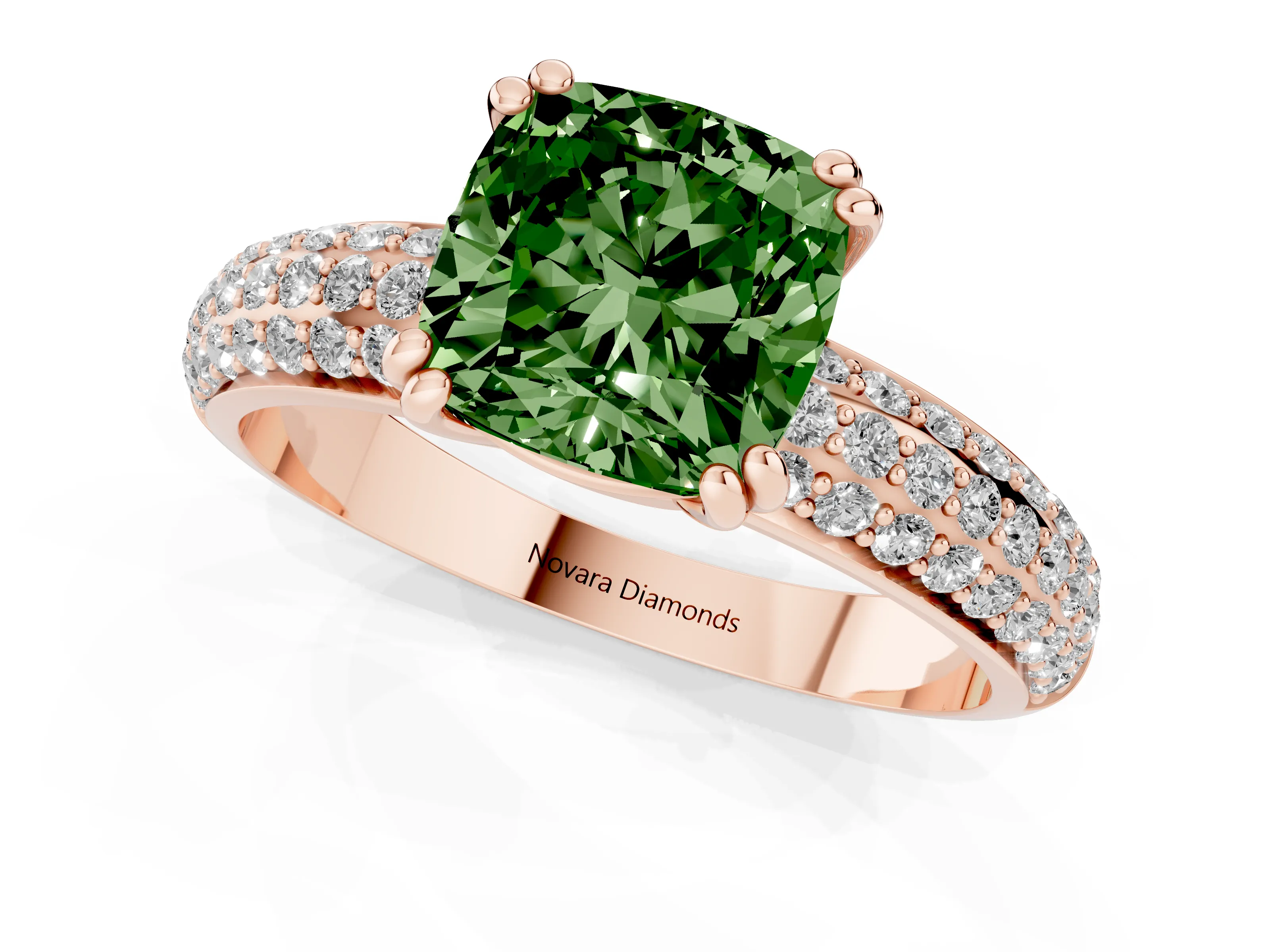 Fancy Green Cushion Cut Diamond Solitaire Ring Set in Rose gold with Multi-Row Round Pavé Band and Prong Setting