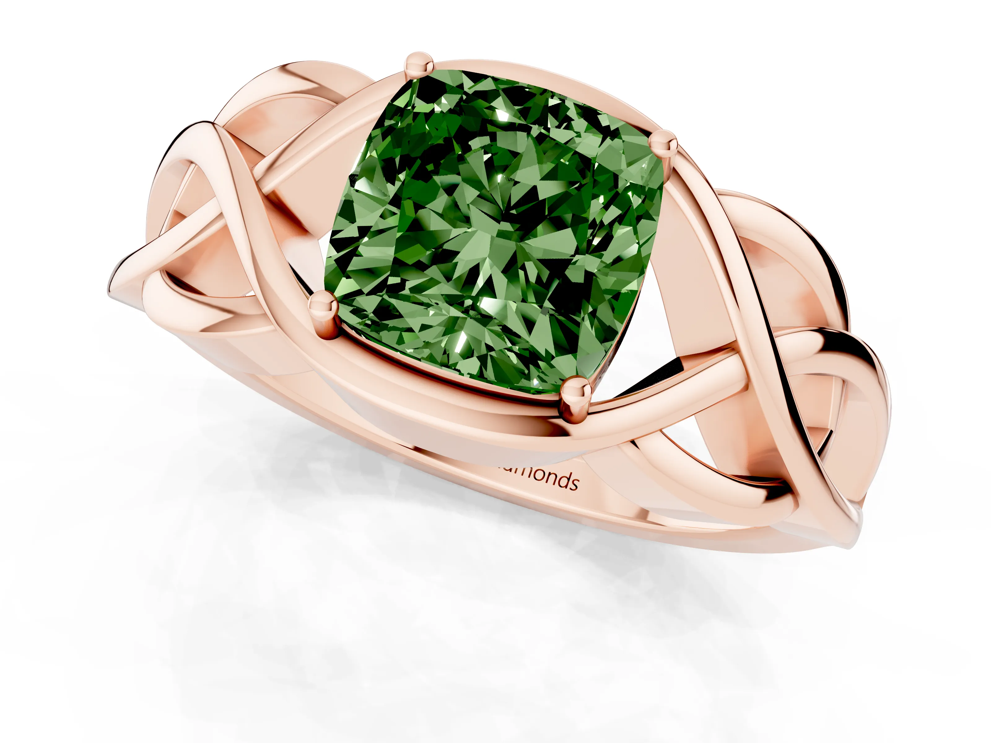 Fancy Green Cushion Cut Diamond Solitaire Ring Set in Rose gold with Intertwined Band