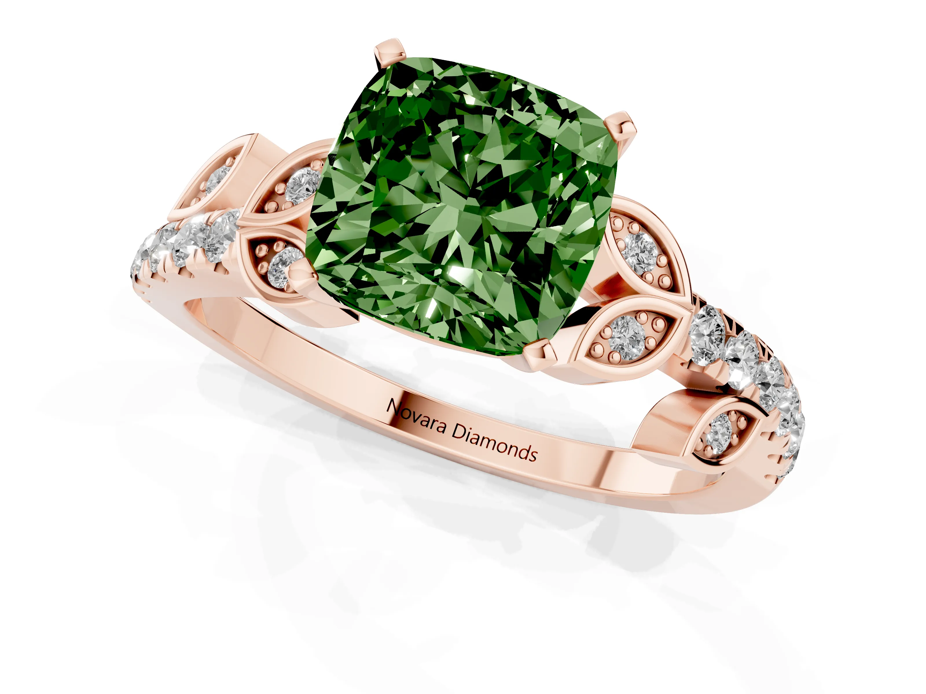 Fancy Green Cushion Cut Diamond Solitaire Leaf-Inspired Ring Set in Rose gold with Pavé Band and Prong Setting