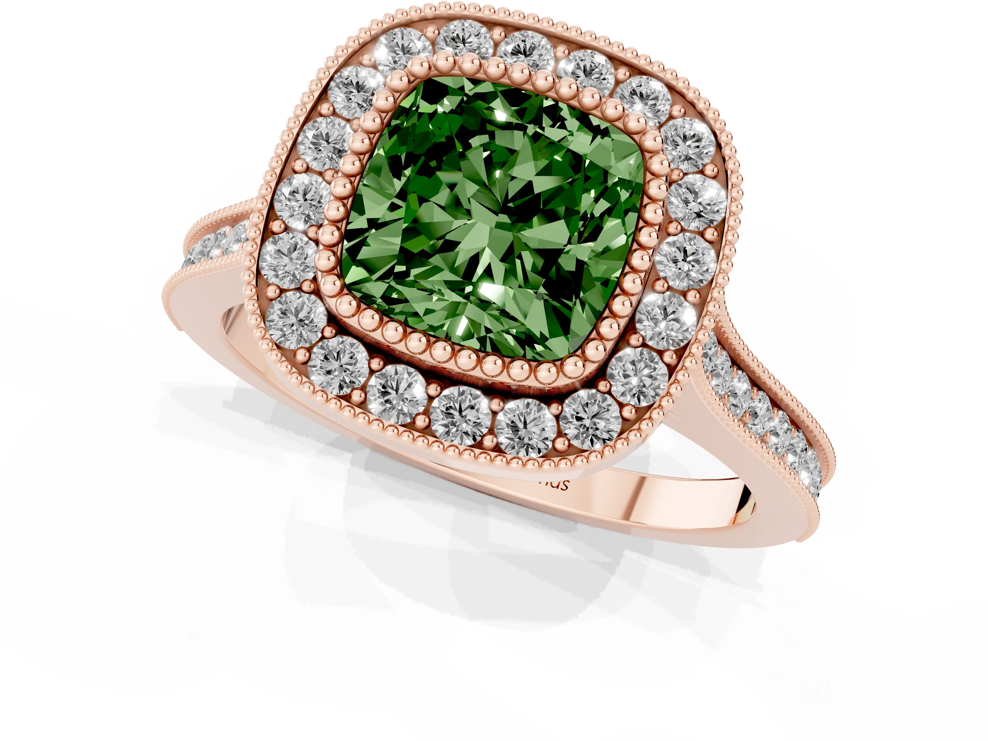 Fancy Green Cushion Cut Diamond Halo Ring Set in Rose gold with Milgrain Frame and Pavé Band