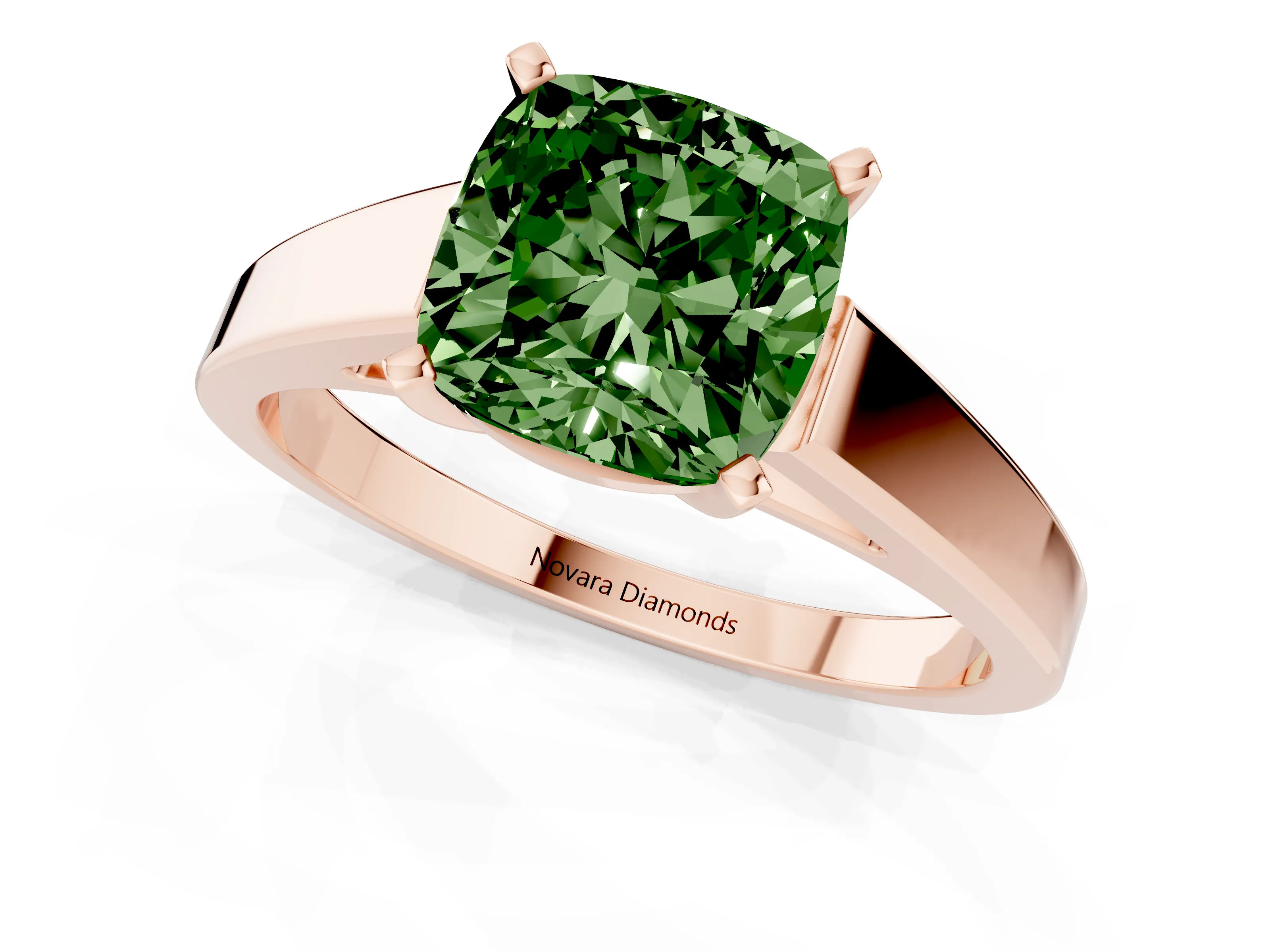 Fancy Green Cushion Cut Diamond Solitaire Engagement Ring Set in Rose gold with Prong Setting and Tapered Band