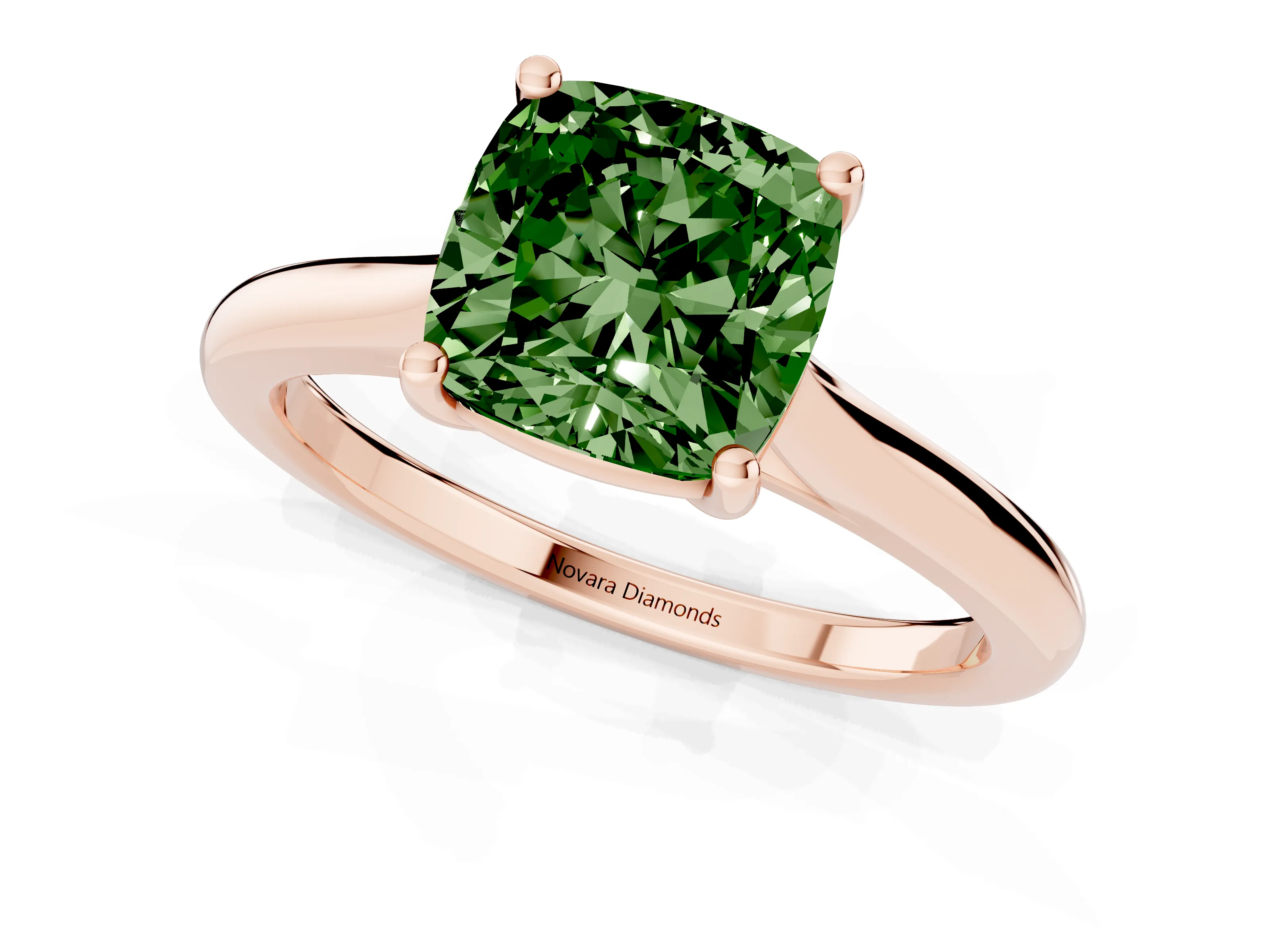 Fancy Green Cushion Cut Diamond Solitaire Ring Set in Rose gold with Cathedral Band and Prong Setting