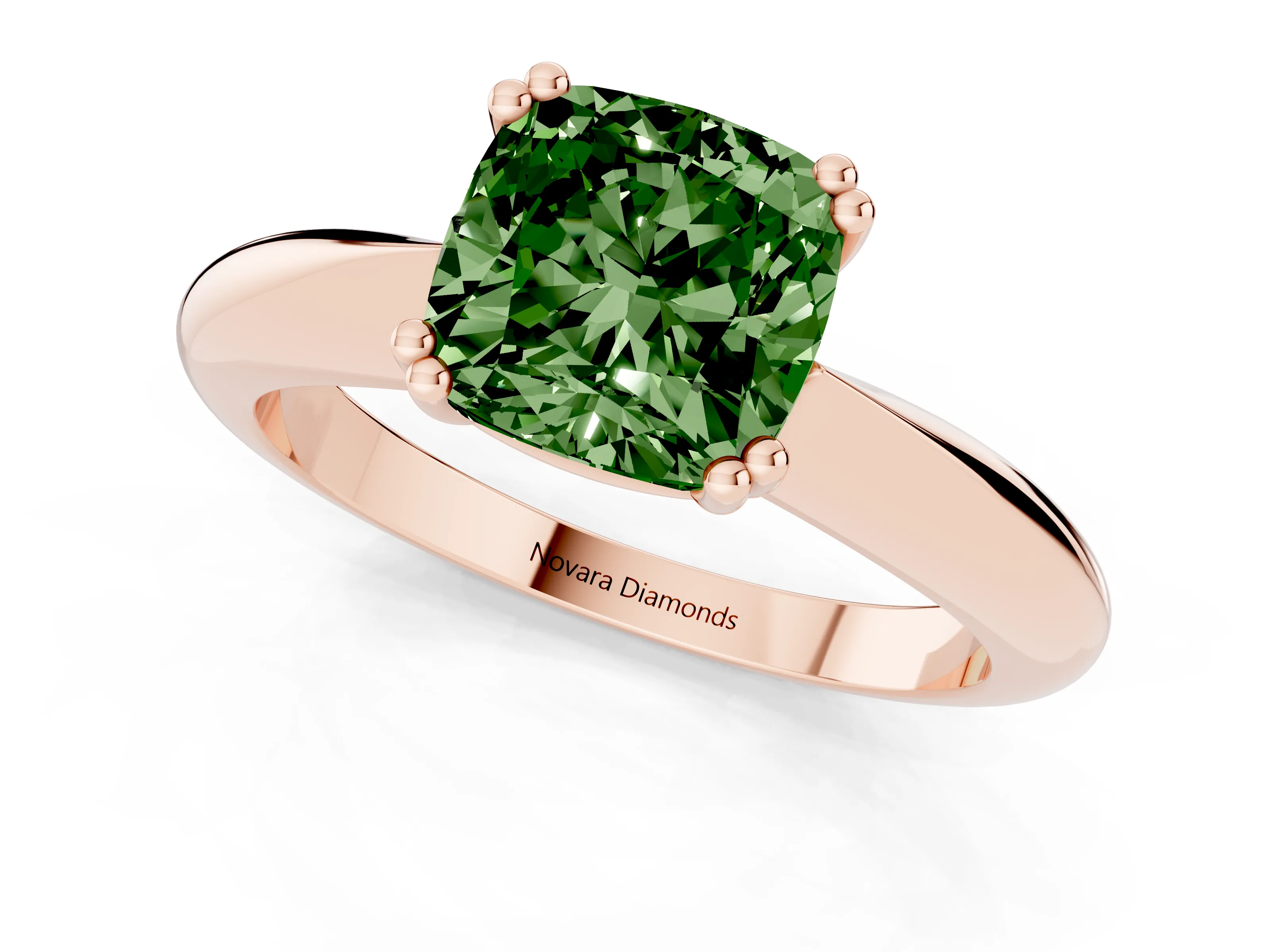 Fancy Green Cushion Cut Diamond Solitaire Engagement Ring Set in Rose gold with Tapered Band and Prong Setting