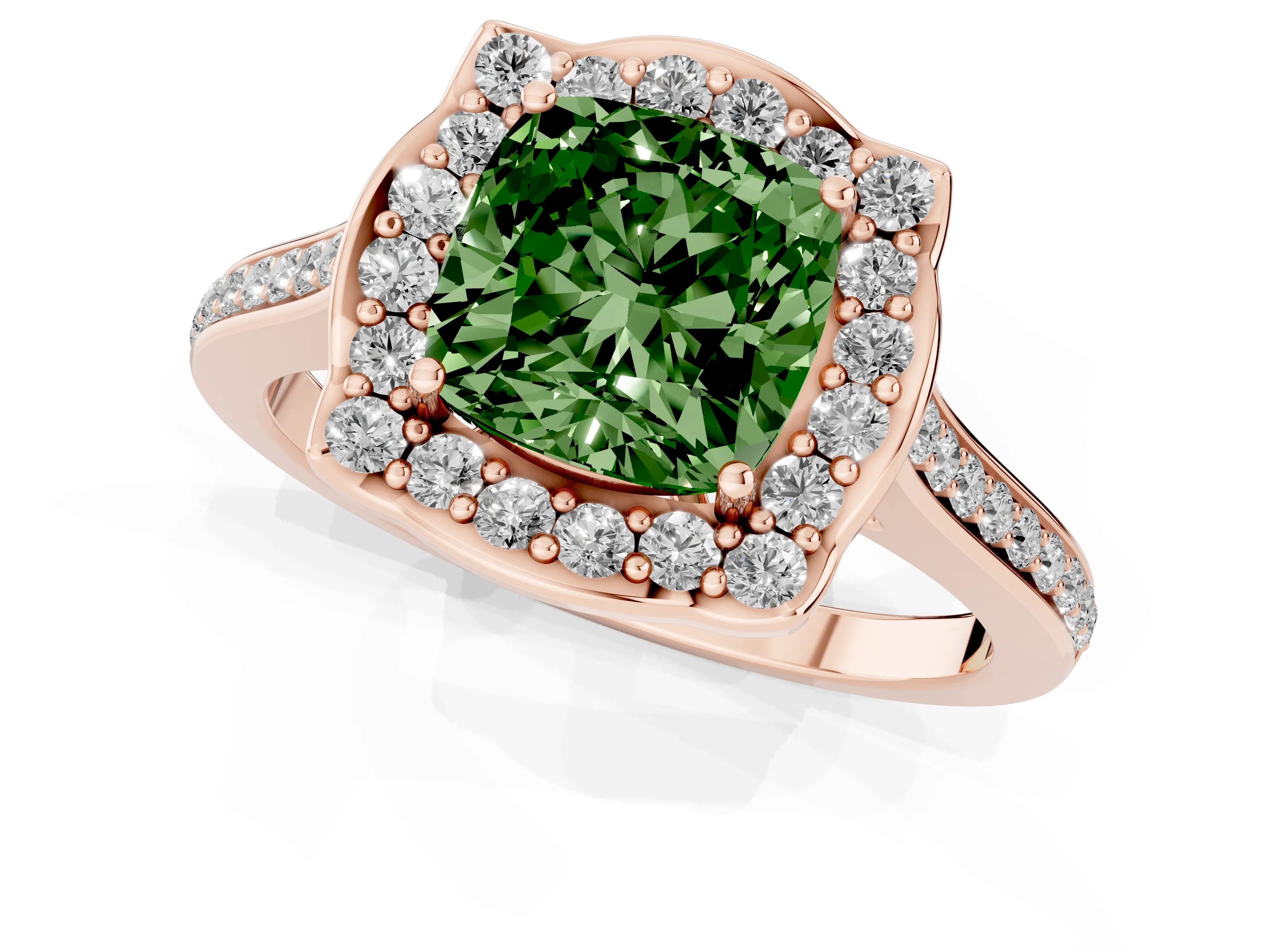 Fancy Green Cushion Cut Diamond Halo Ring Set in Rose gold with Pavé-Lined Shoulders and Prong Setting
