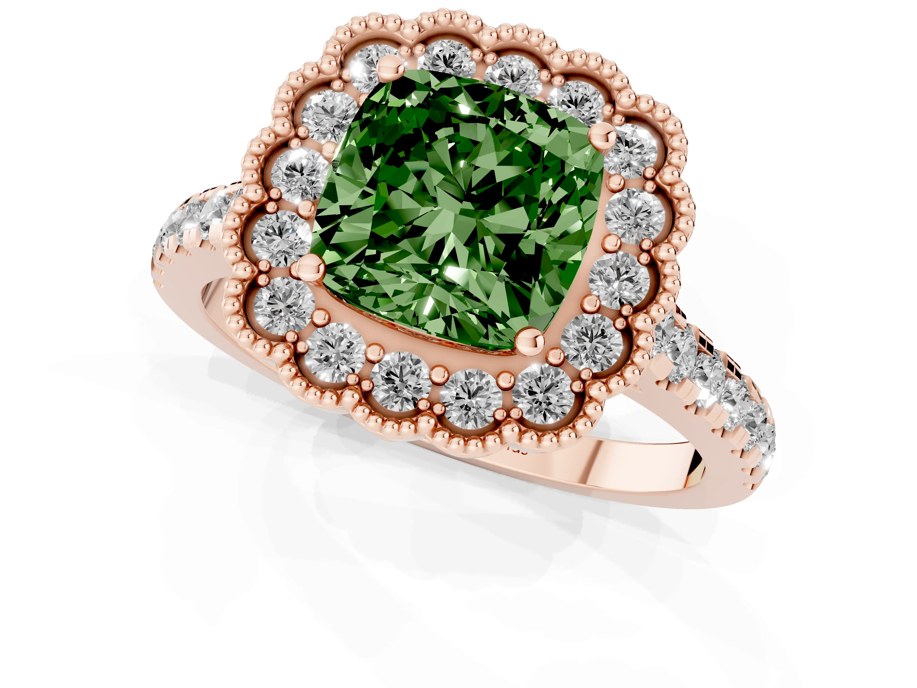 Fancy Green Cushion Cut Diamond Milgrain Floral Halo Engagement Ring Set in Rose gold with Pavé Band
