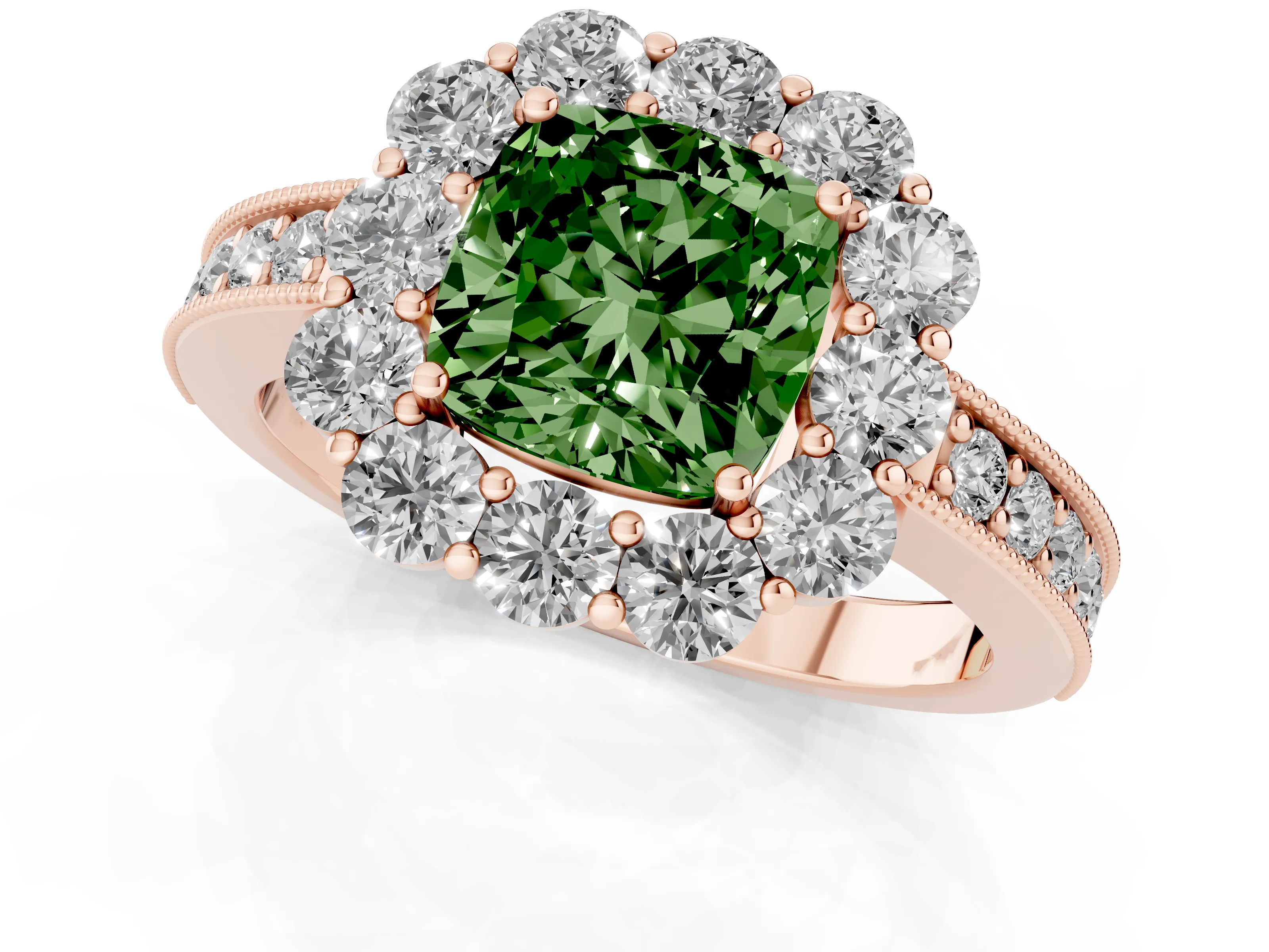 Fancy Green Cushion Cut Diamond Halo Pavé Engagement Ring Set in Rose gold with Milgrain Detailing