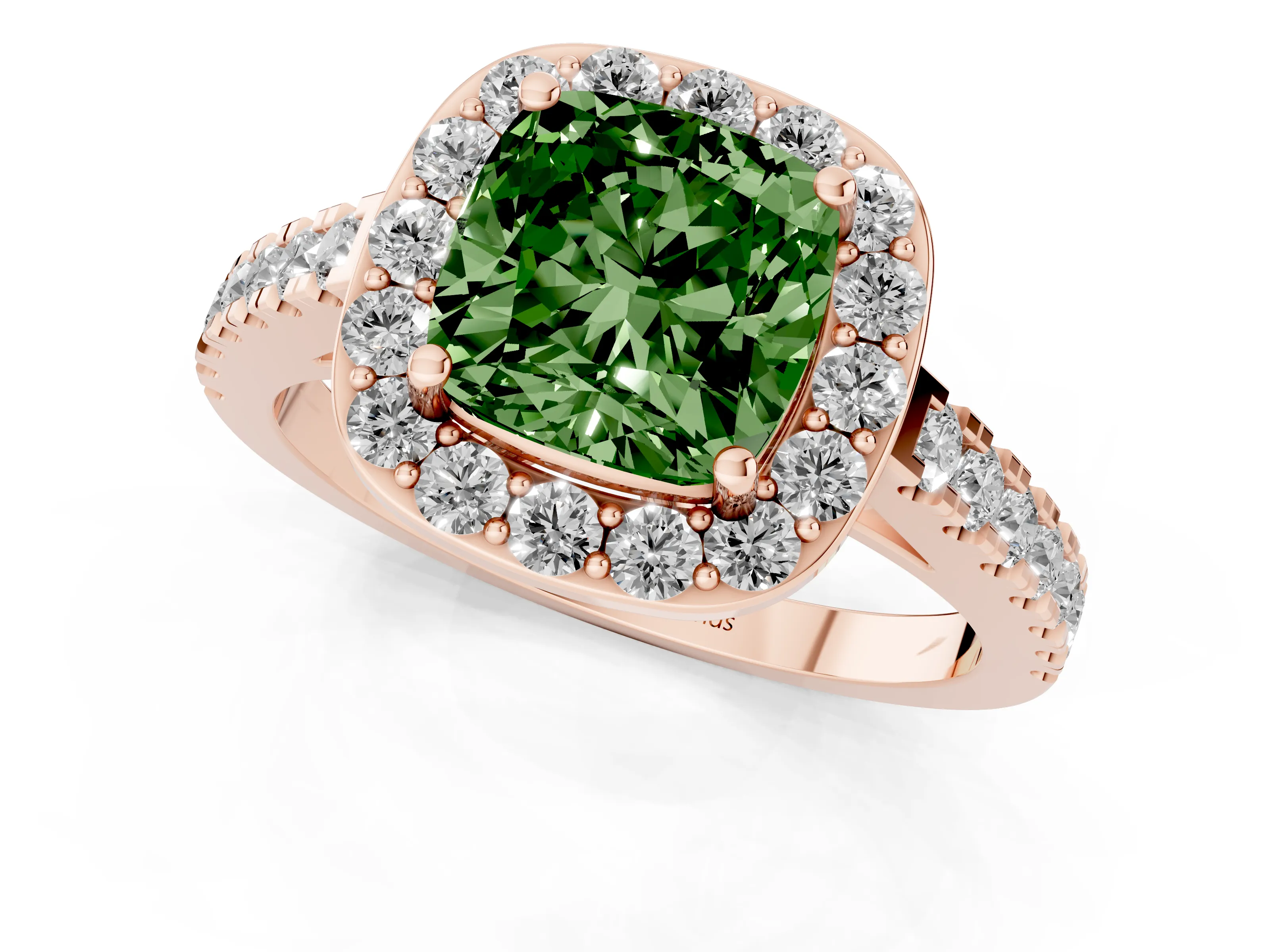 Fancy Green Cushion Cut Diamond Halo Ring Set in Rose gold with Round Pavé Split Shank and Prong Setting