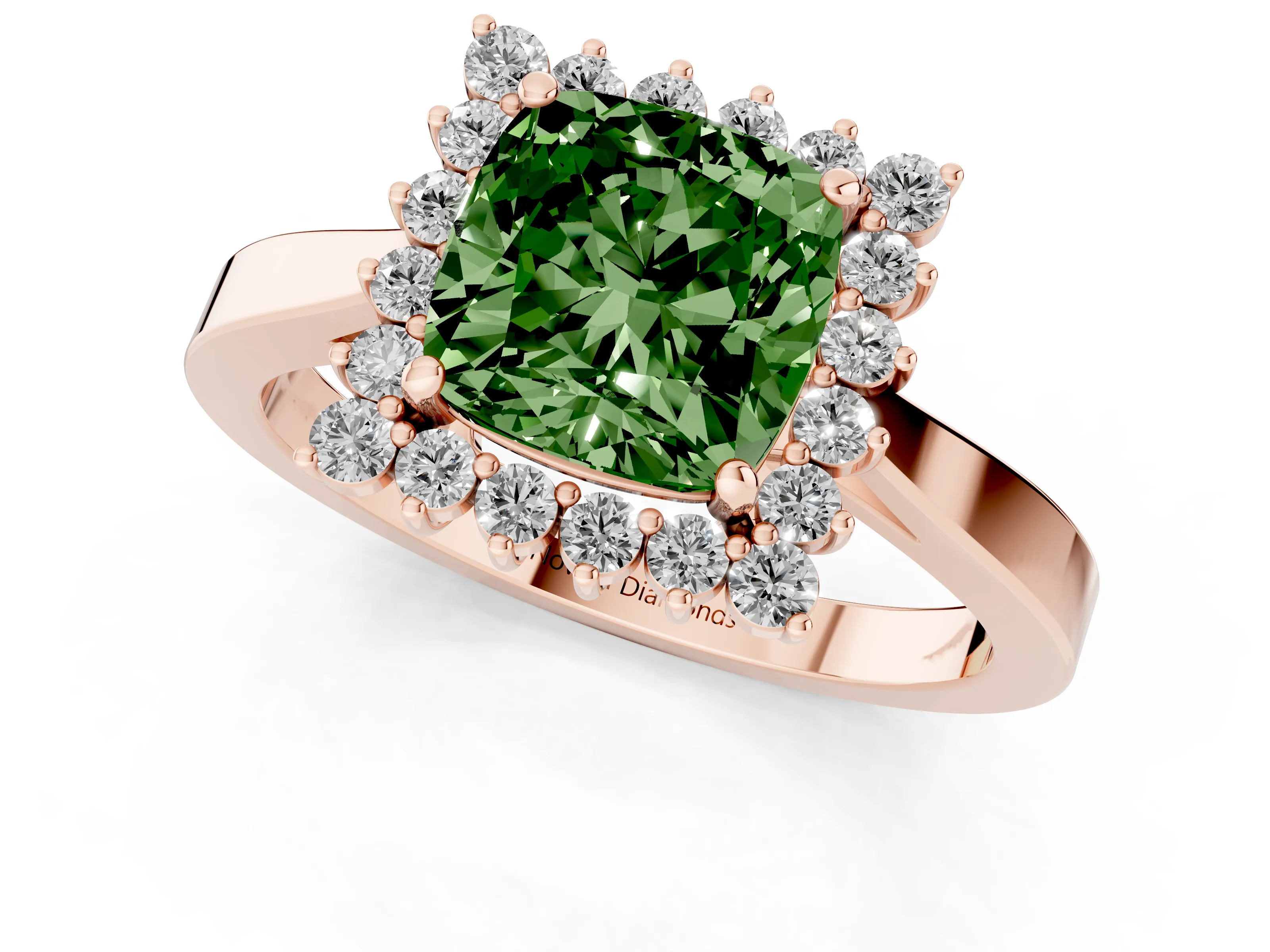 Fancy Green Cushion Cut Diamond Halo Ring Set in Rose gold with Round Halo and Smooth Solitaire Band