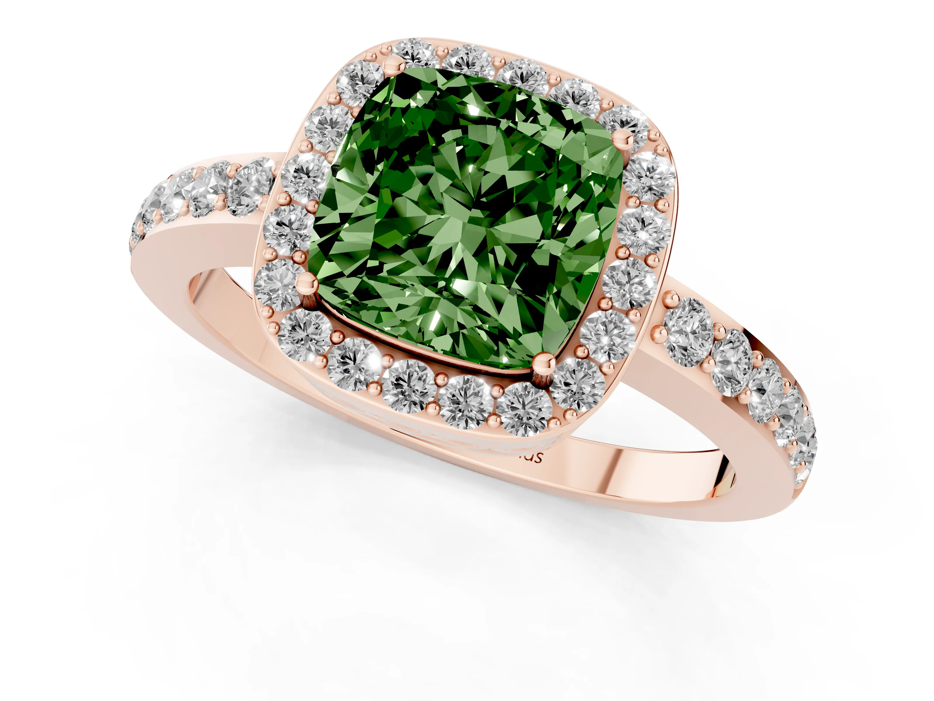 Fancy Green Cushion Cut Diamond Halo Ring Set in Rose gold with Pavé-Setting Band and Open Prong Center