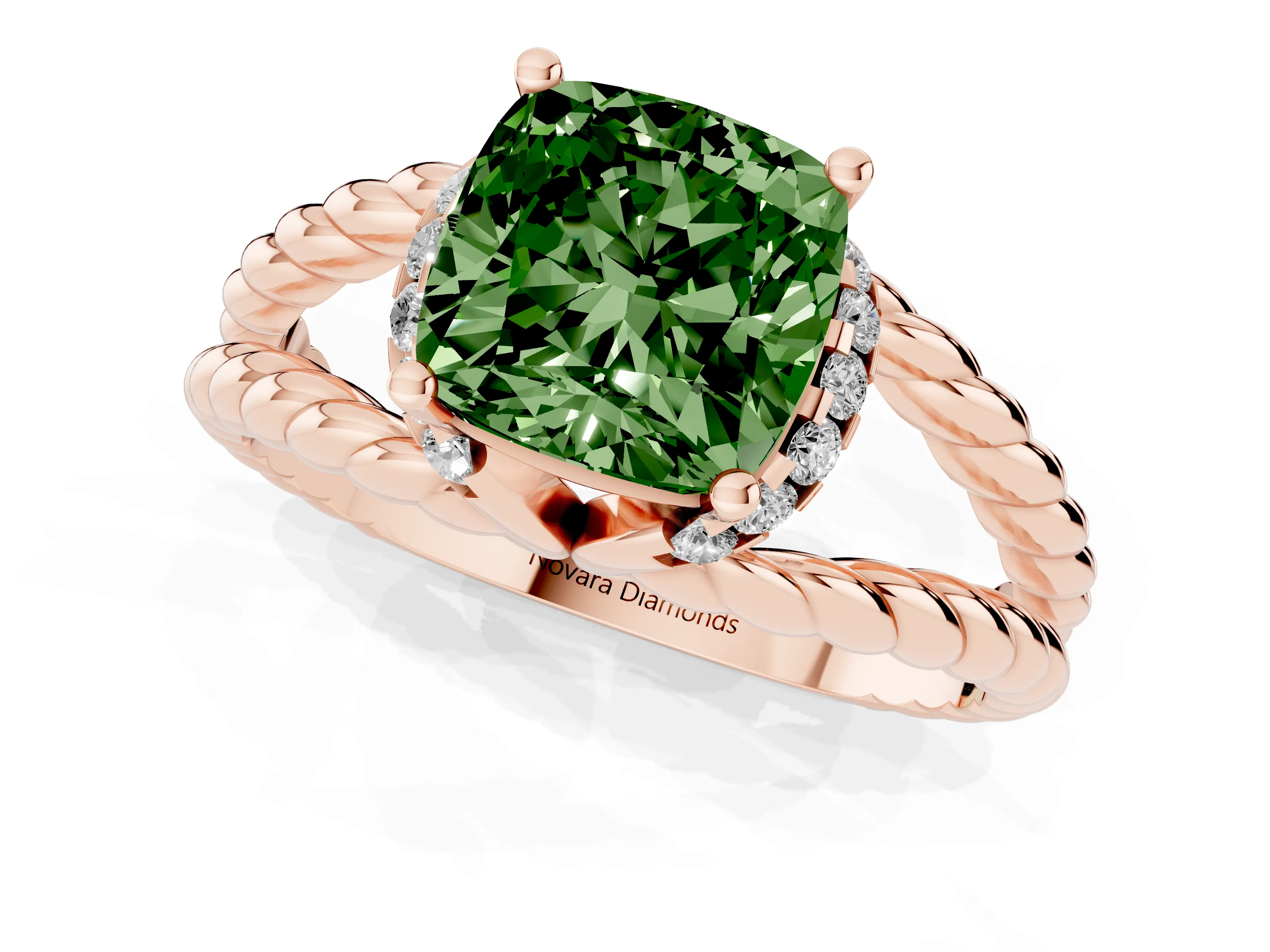 Fancy Green Cushion Cut Diamond Halo Ring Set in Rose gold with Twisted Band and Prong Setting