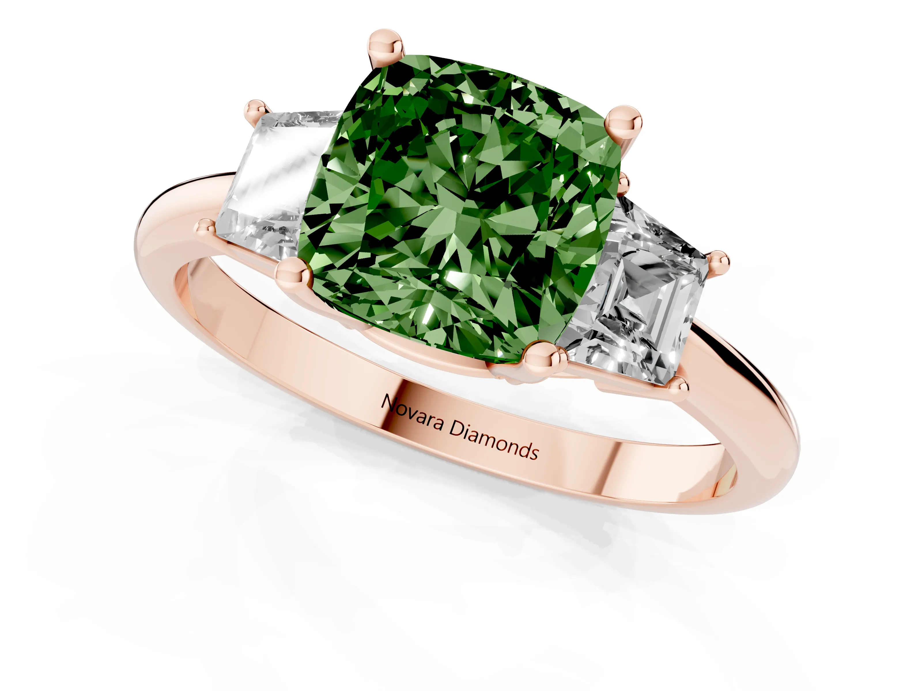 Fancy Green Cushion Cut Diamond Three-Stone Ring Set in Rose gold with Trapezoid Side Stones and Prong Setting – second view