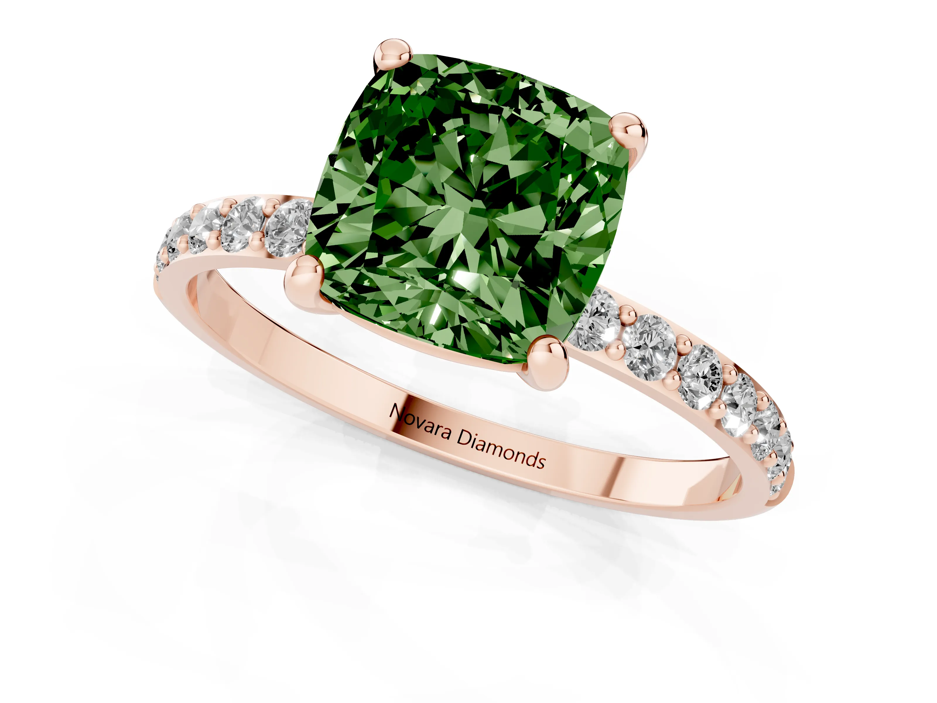 Fancy Green Cushion Cut Diamond Solitaire Ring Set in Rose gold with Round Pavé Band and Prong Setting