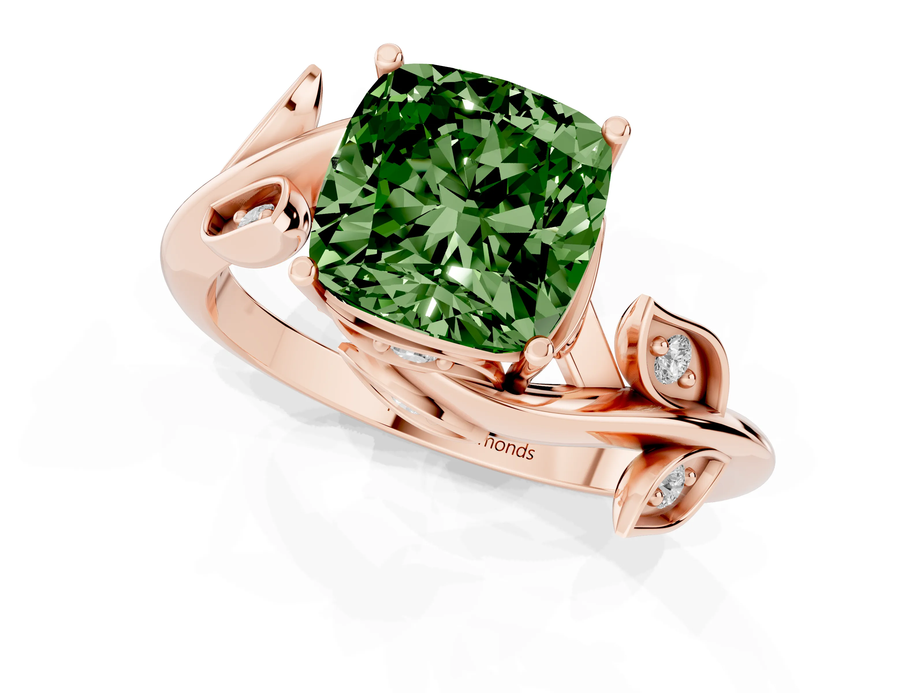 Fancy Green Cushion Cut Diamond Solitaire Twist Engagement Ring Set in Rose gold with Pavé Leaf Accents
