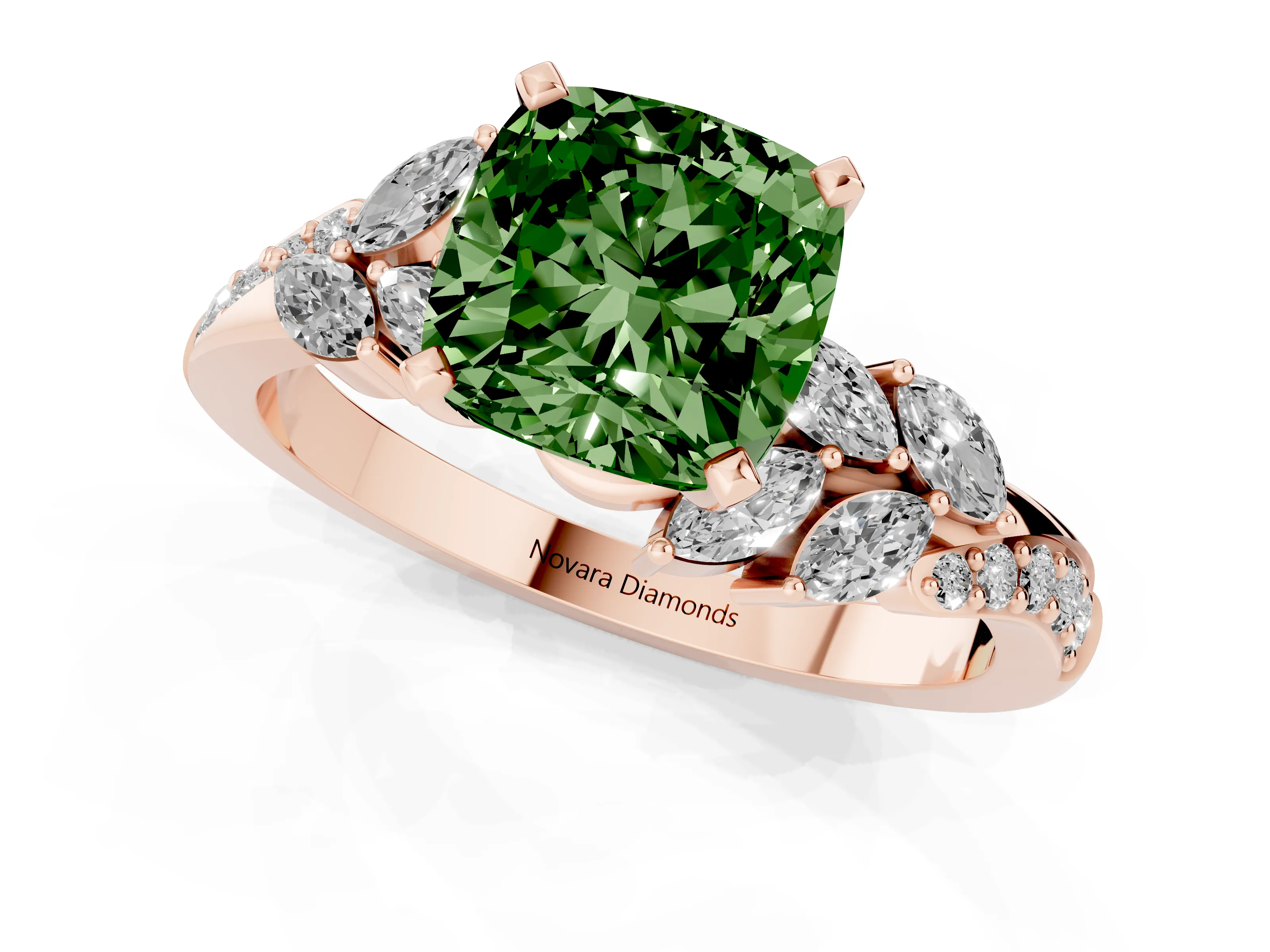 Fancy Green Cushion Cut Diamond Solitaire Ring Set in Rose gold with Marquise Twist Band and Prong Setting