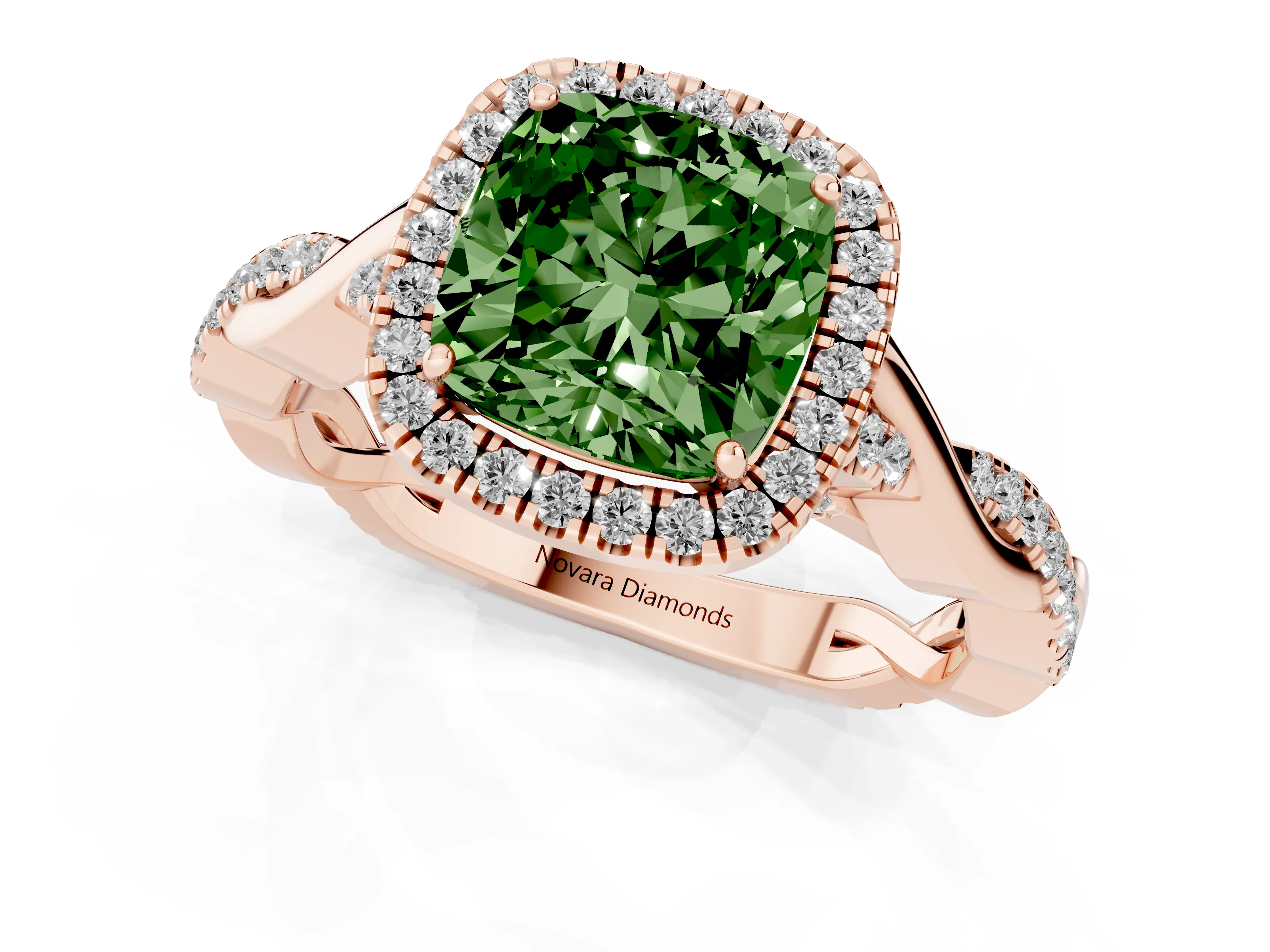 Fancy Green Cushion Cut Diamond Halo Twist Band Solitaire Ring Set in Rose gold with Prong Setting