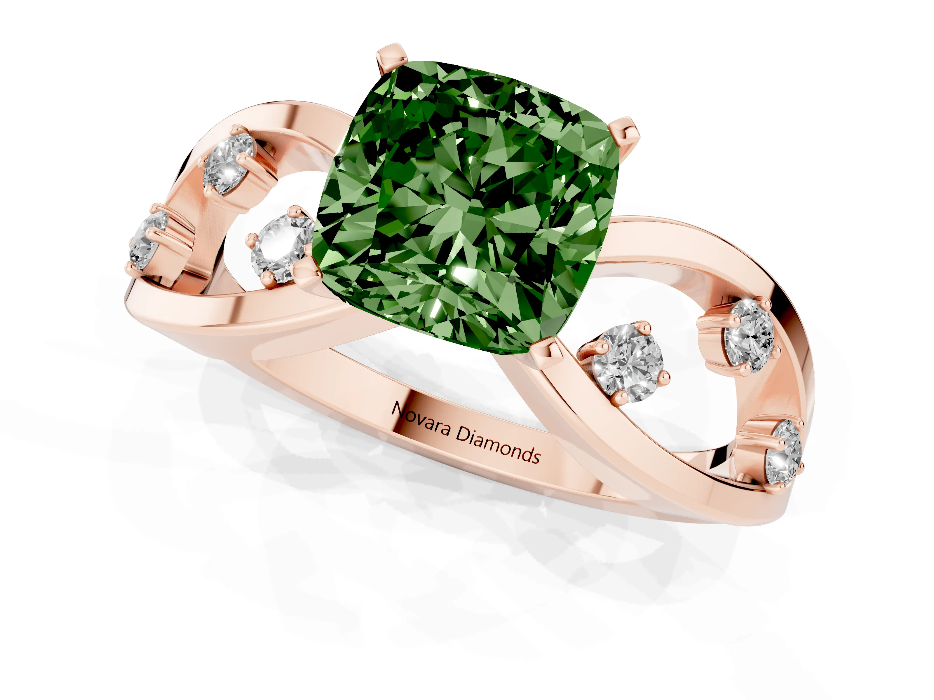 Fancy Green Cushion Cut Diamond Solitaire Ring Set in Rose gold with Side Stones on Criss-Cross Band and Prong Setting