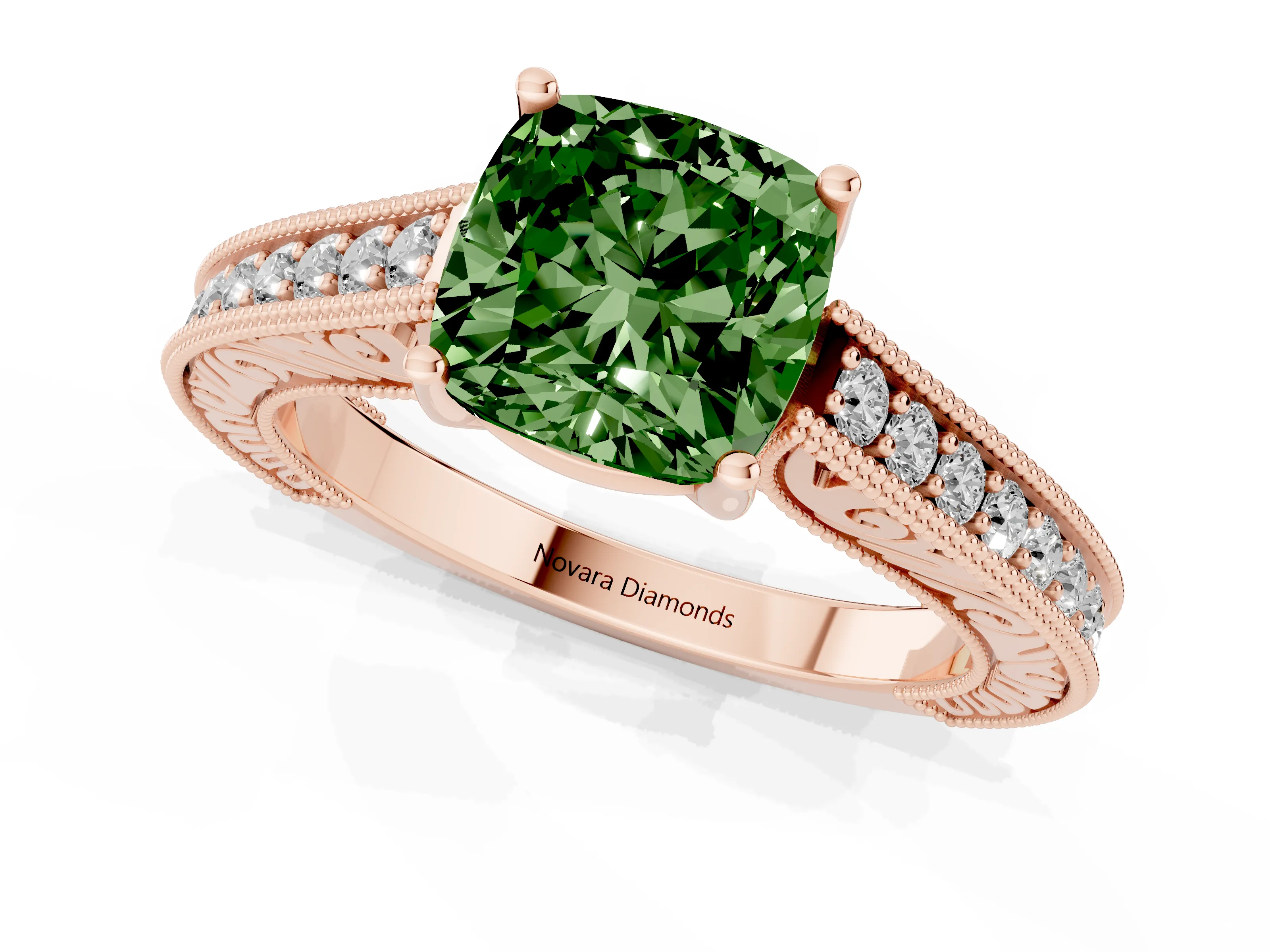 Fancy Green Cushion Cut Diamond Milgrain Pavé Band Solitaire Ring Set in Rose gold with Prong Setting