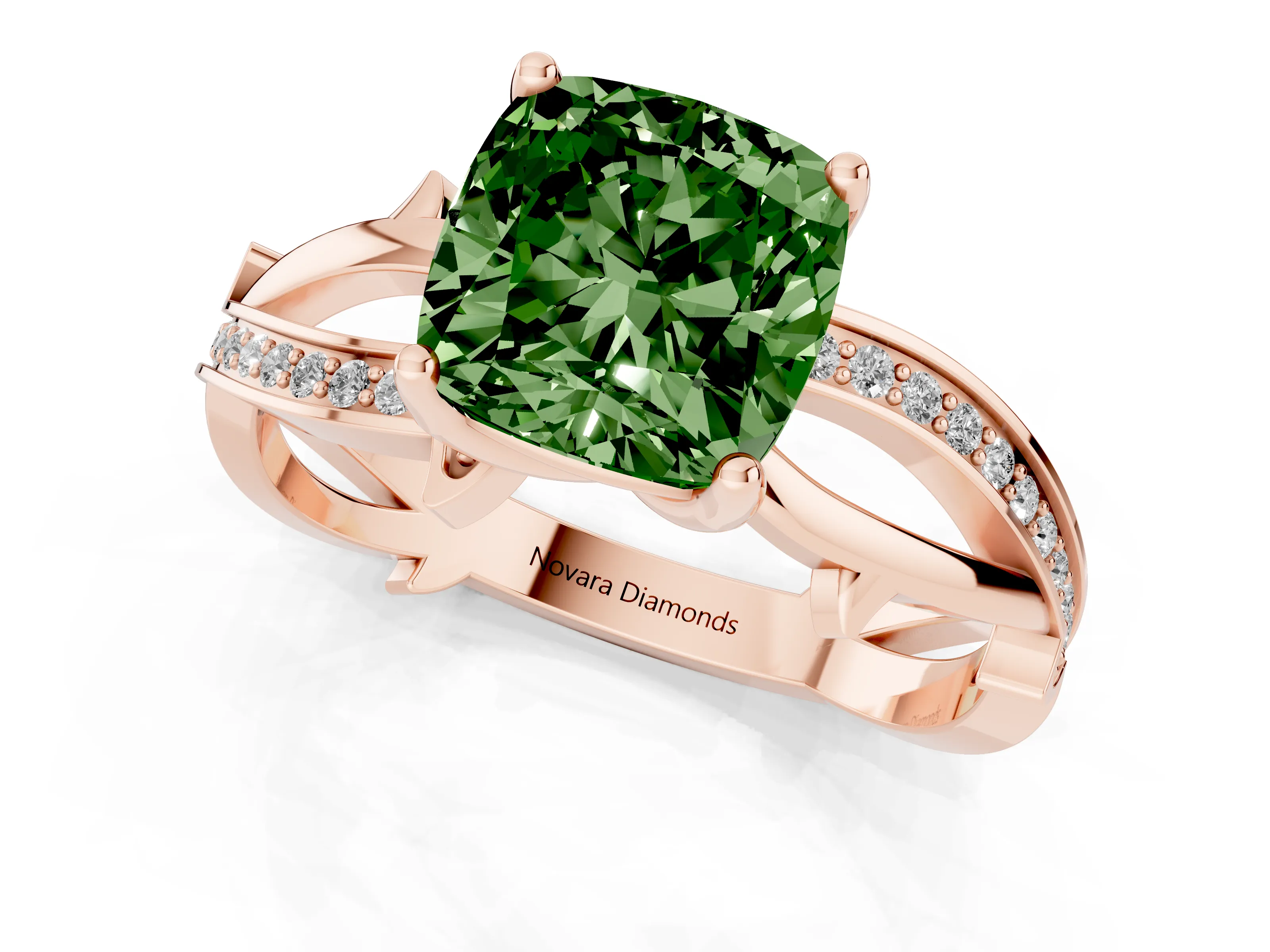 Fancy Green Cushion Cut Diamond Pavé Twist Band Solitaire Ring Set in Rose gold with Prong Setting