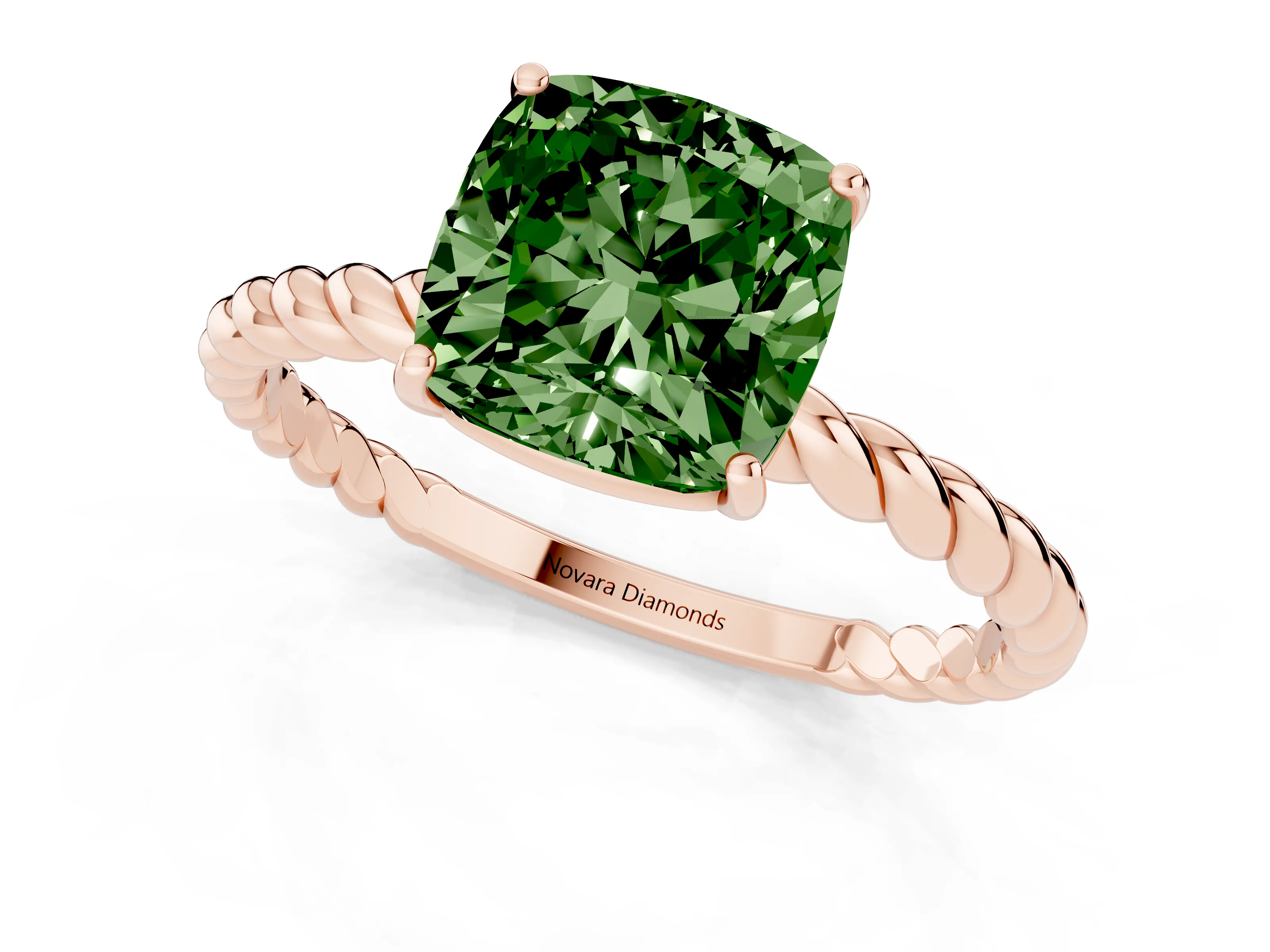 Fancy Green Cushion Cut Diamond Solitaire Ring Set in Rose gold with Twist Band and Prong Setting