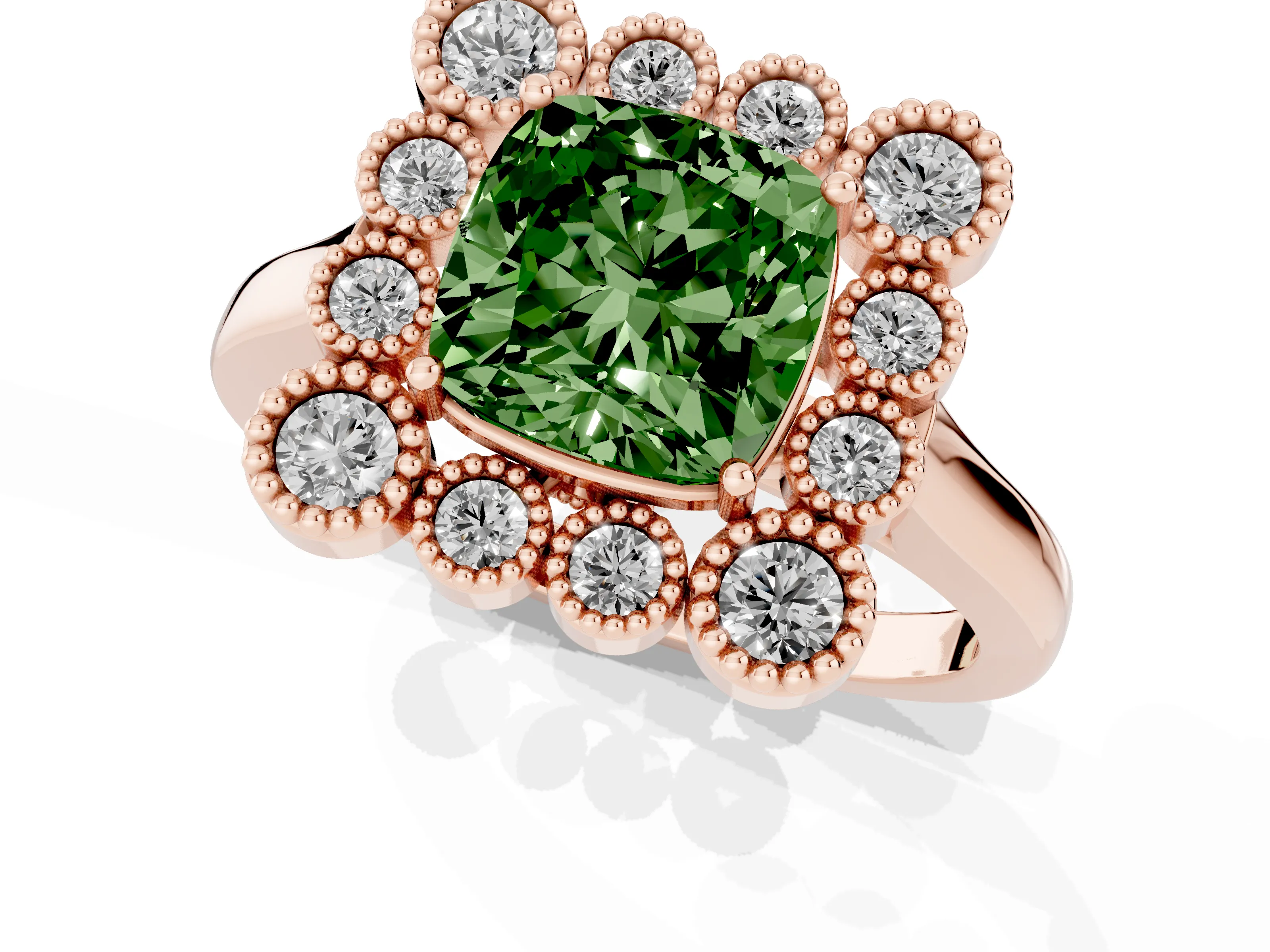 Fancy Green Cushion Cut Diamond Cluster Halo Ring Set in Rose gold with Milgrain Bezel Accents and Plain Band