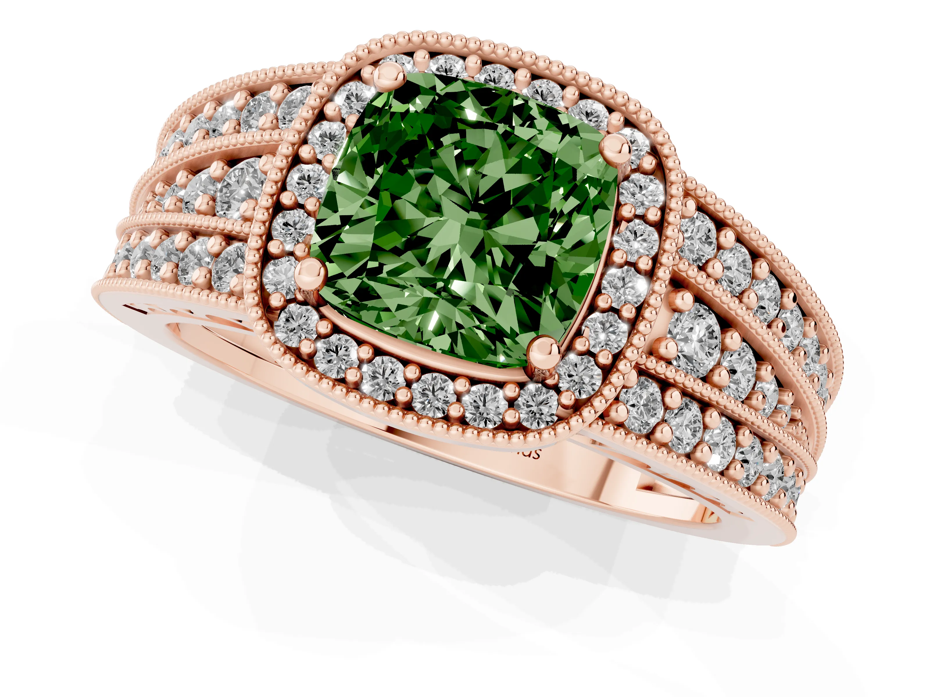 Fancy Green Cushion Cut Diamond Halo Ring Set in Rose gold with Accent Split Shank and Prong Setting