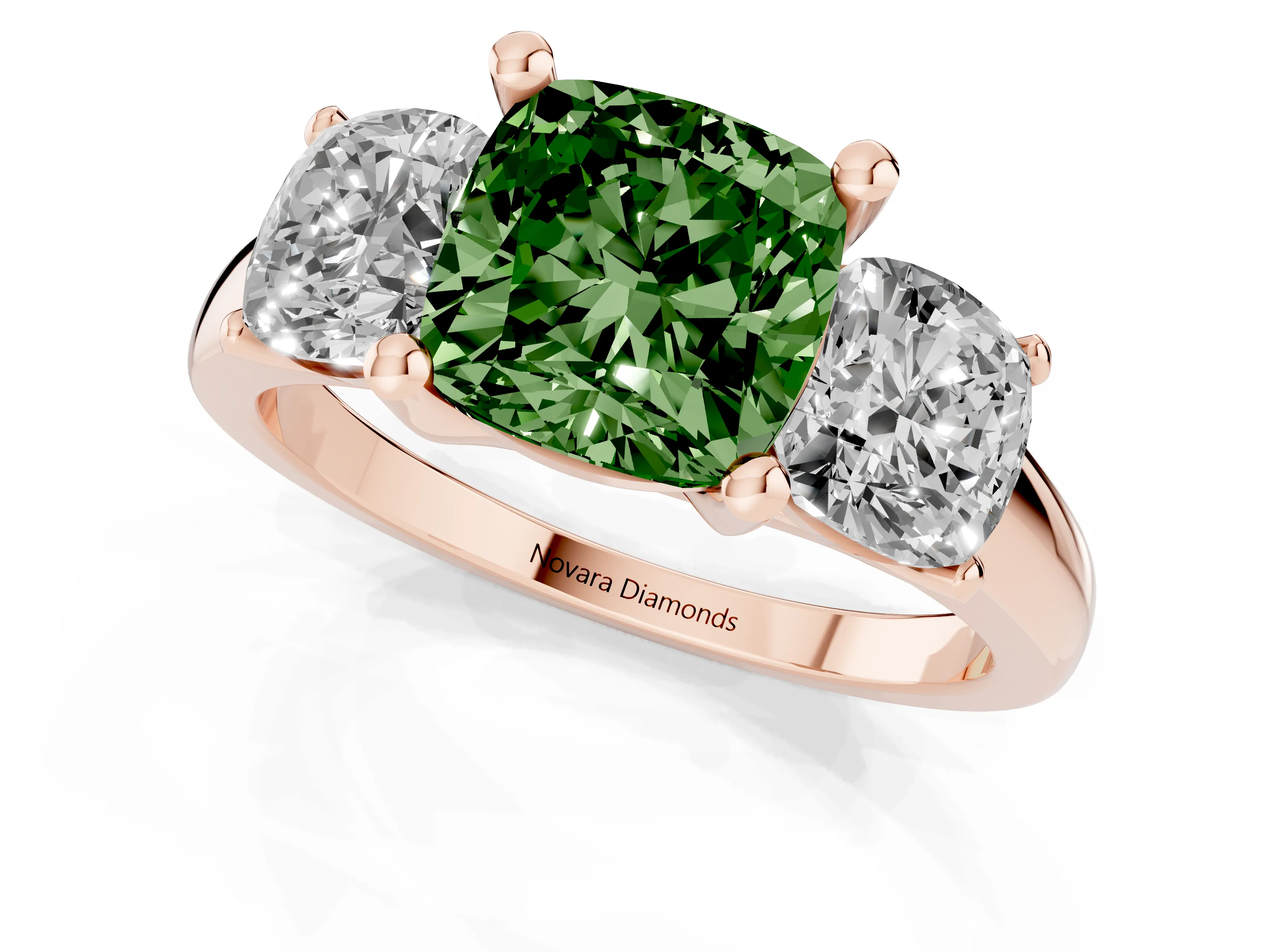 Fancy Green Cushion Cut Diamond Three-Stone Ring Set in Rose gold with Classic Prong Setting and Plain Band