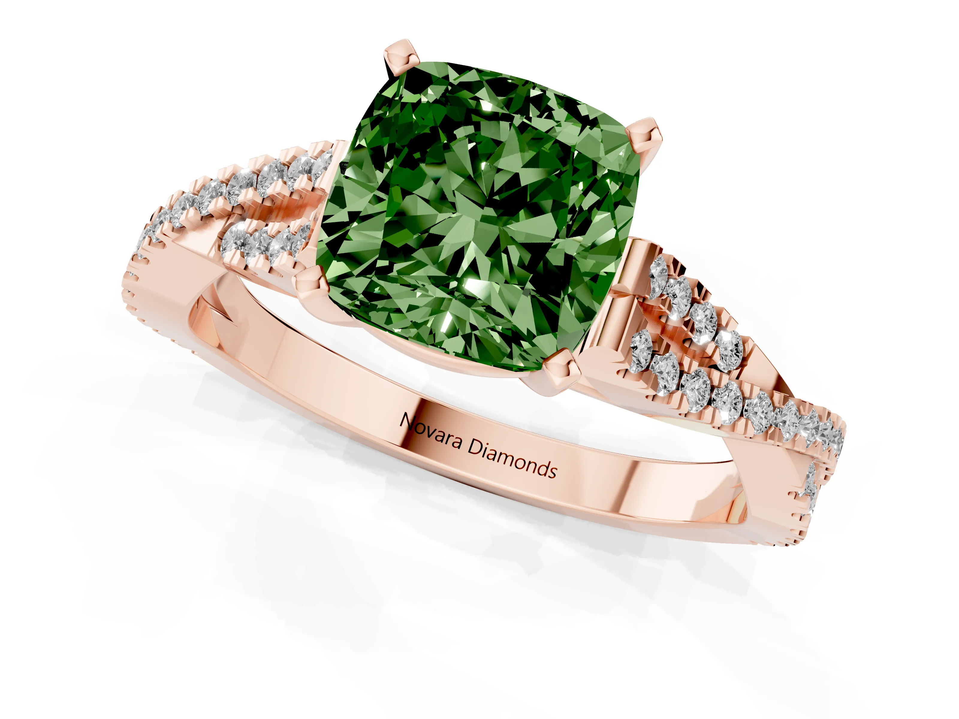 Fancy Green Cushion Cut Diamond Solitaire Engagement Ring Set in Rose gold with Twisted Pavé Band and Prong Setting
