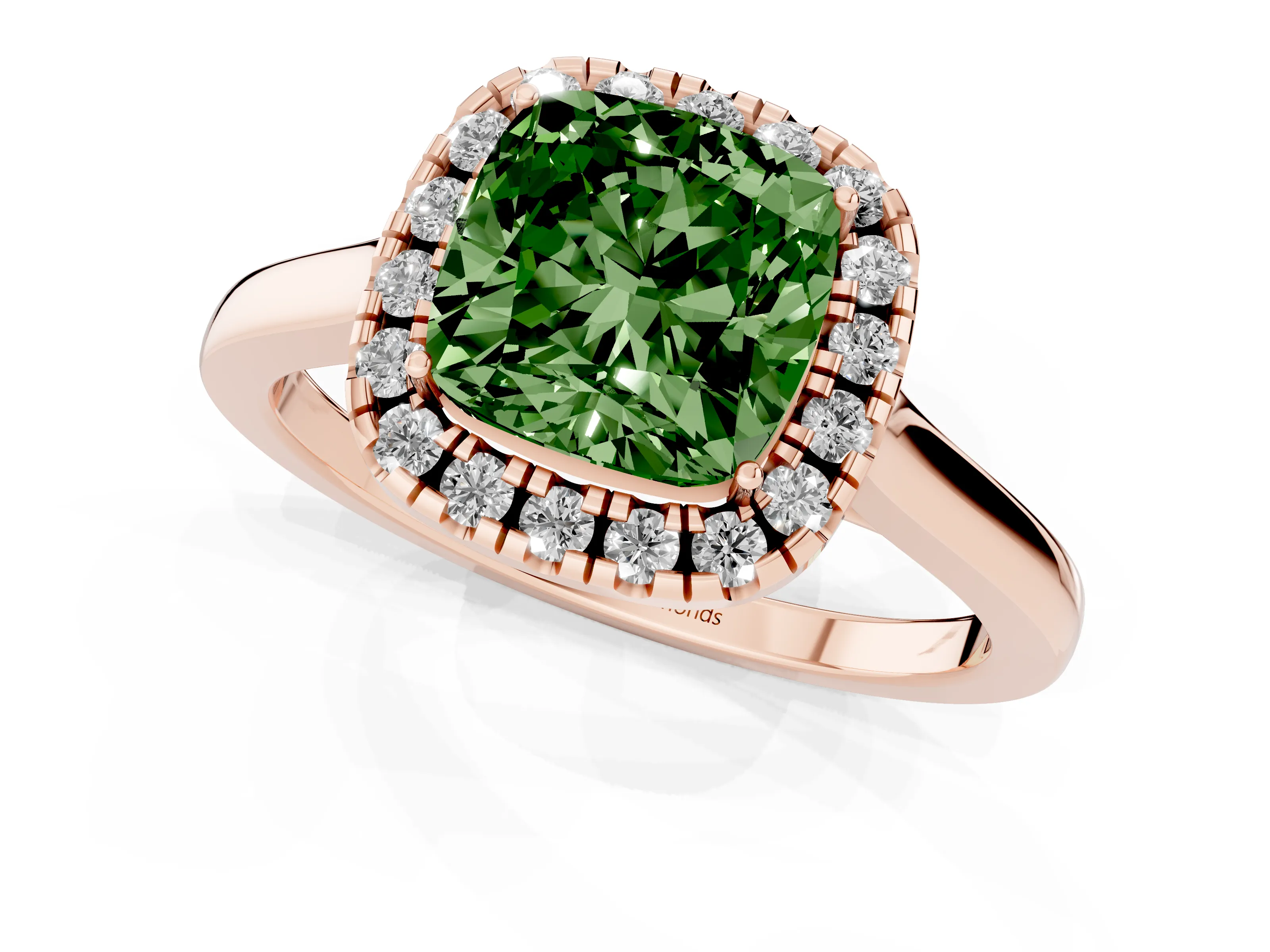 Fancy Green Cushion Cut Halo Round Diamond Solitaire Ring Set in Rose gold with Pavé Band and Prong Setting