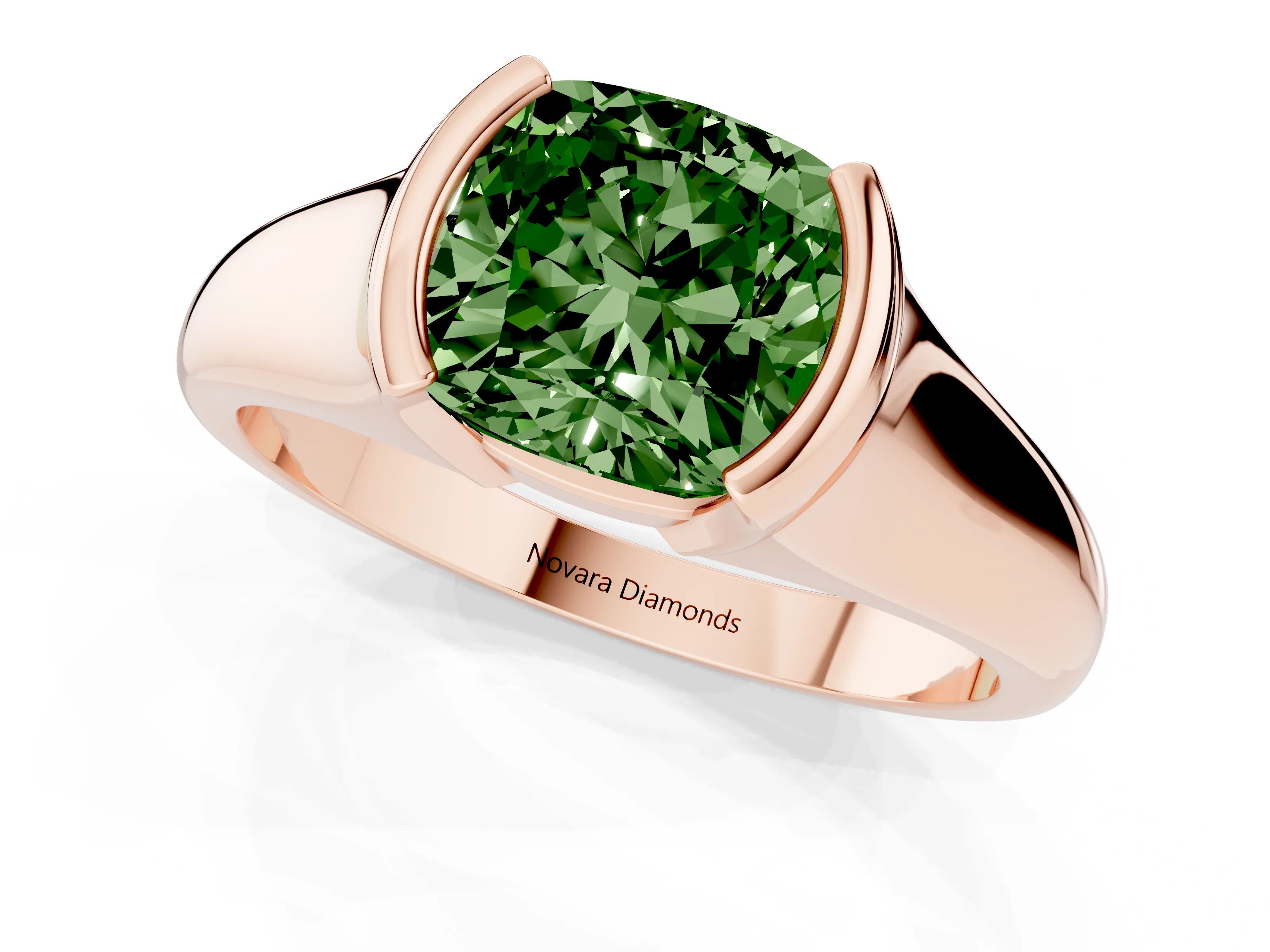 Fancy Green Cushion Cut Diamond Solitaire Tension Set Ring Set in Rose gold with Split Shank Band
