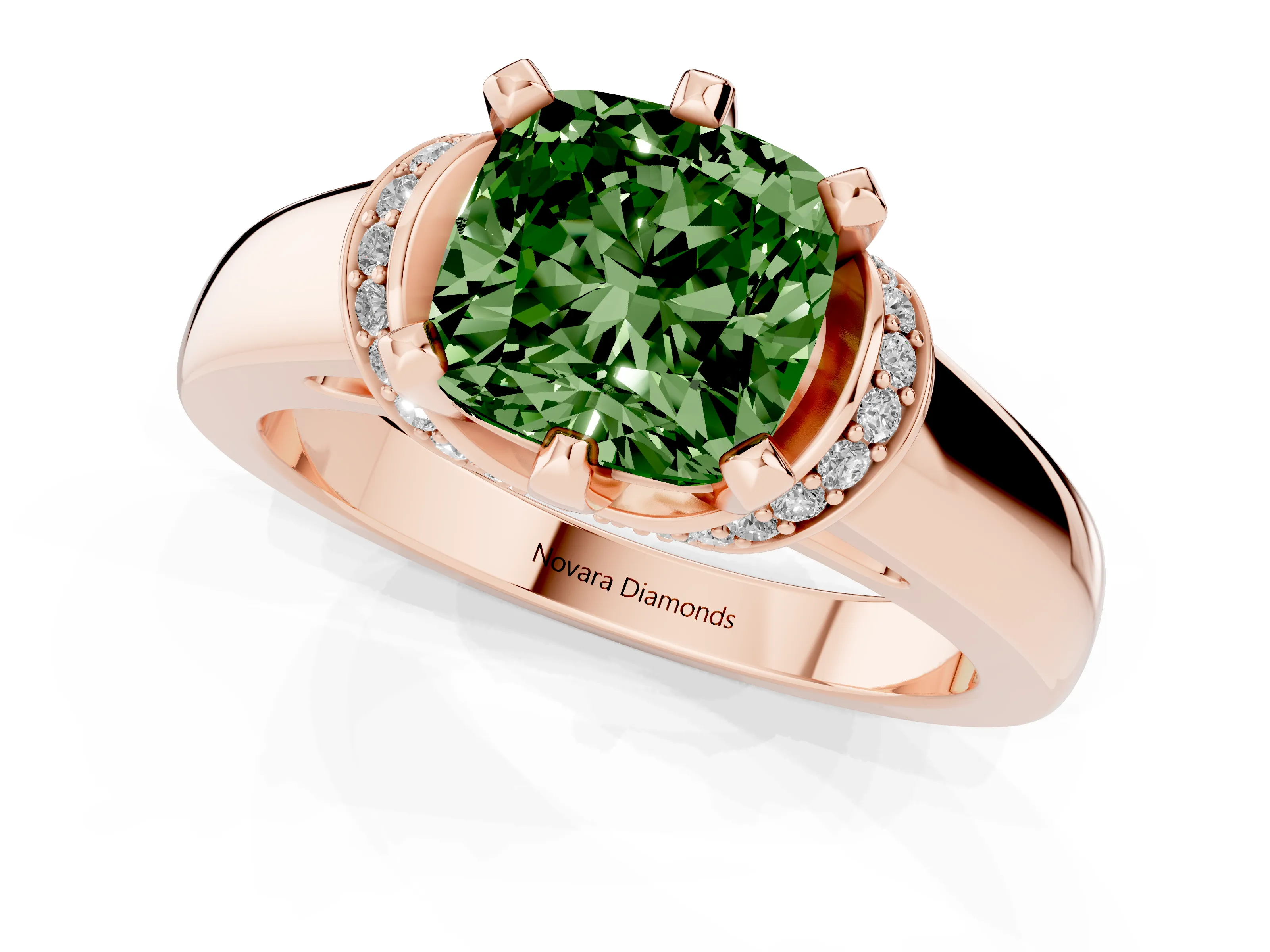 Fancy Green Cushion Cut Diamond Pavé Band Solitaire Ring Set in Rose gold with Prong Setting