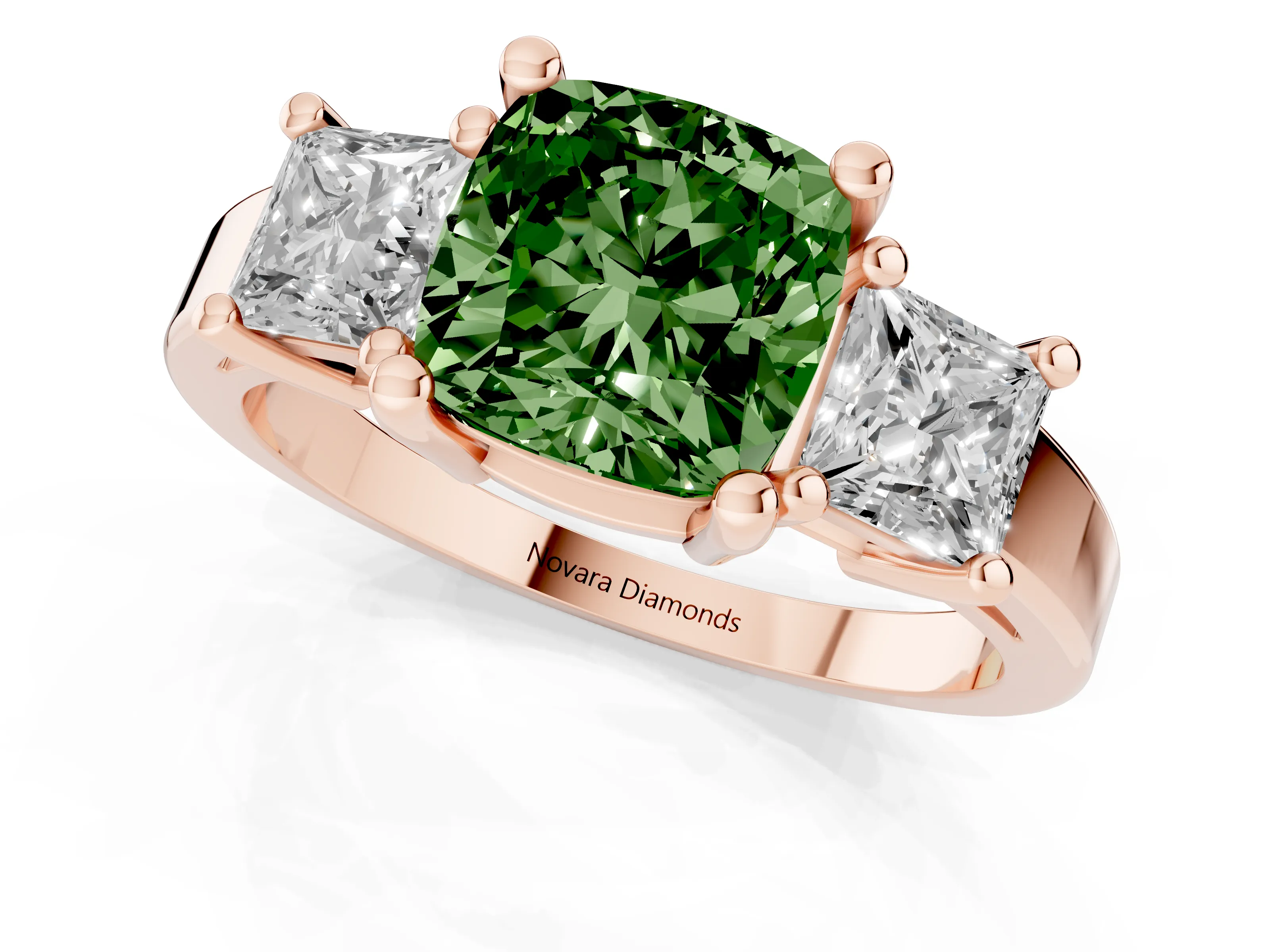 Fancy Green Three-Stone Cushion Cut Diamond Solitaire Ring Set in Rose gold with Prong Setting