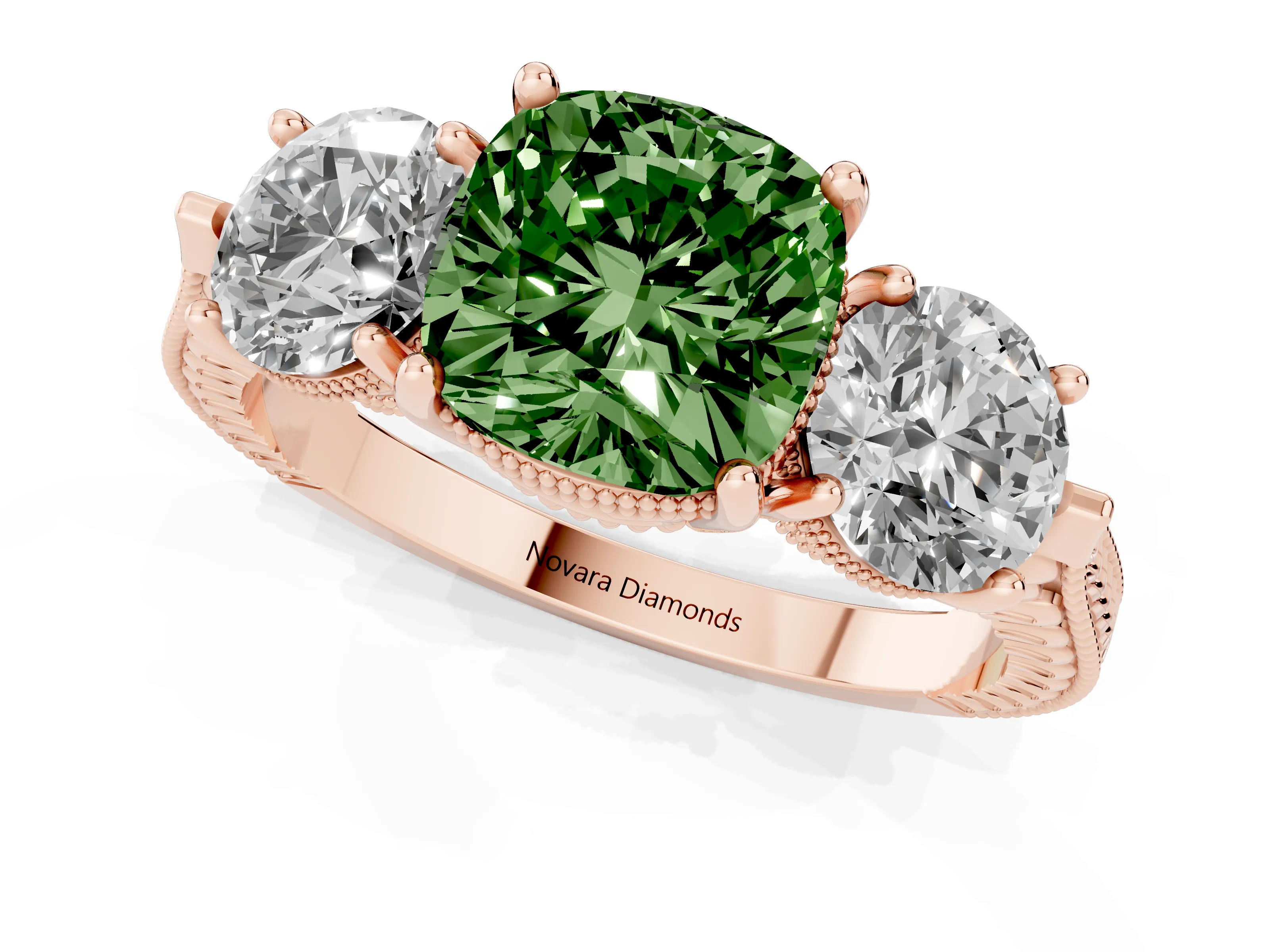 Fancy Green Cushion Cut Diamond Three-Stone Ring Set in Rose gold with Milgrain Band