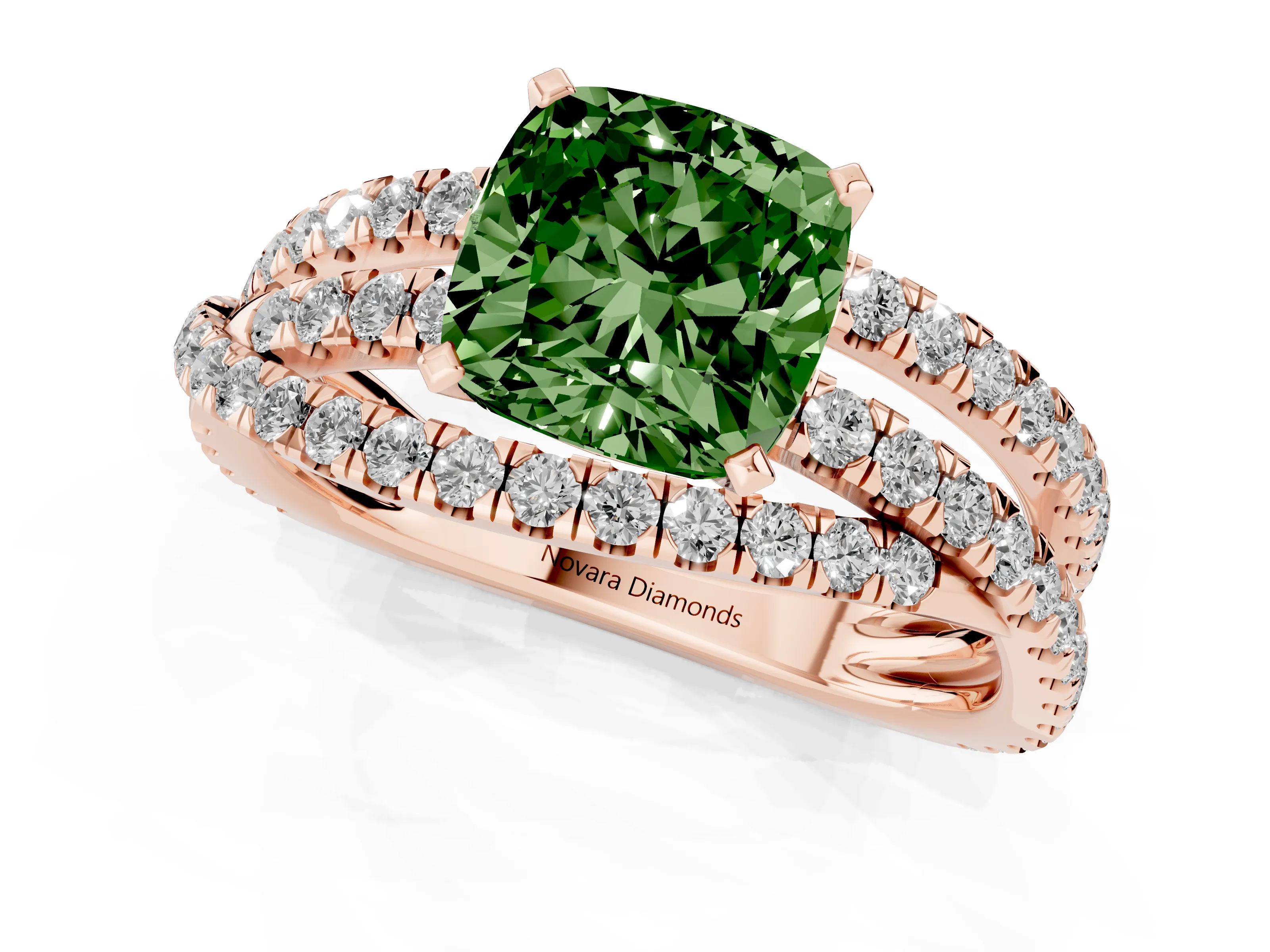 Fancy Green Cushion Cut Diamond Solitaire Twist Band Ring Set in Rose gold with Pavé Setting and Prong Head