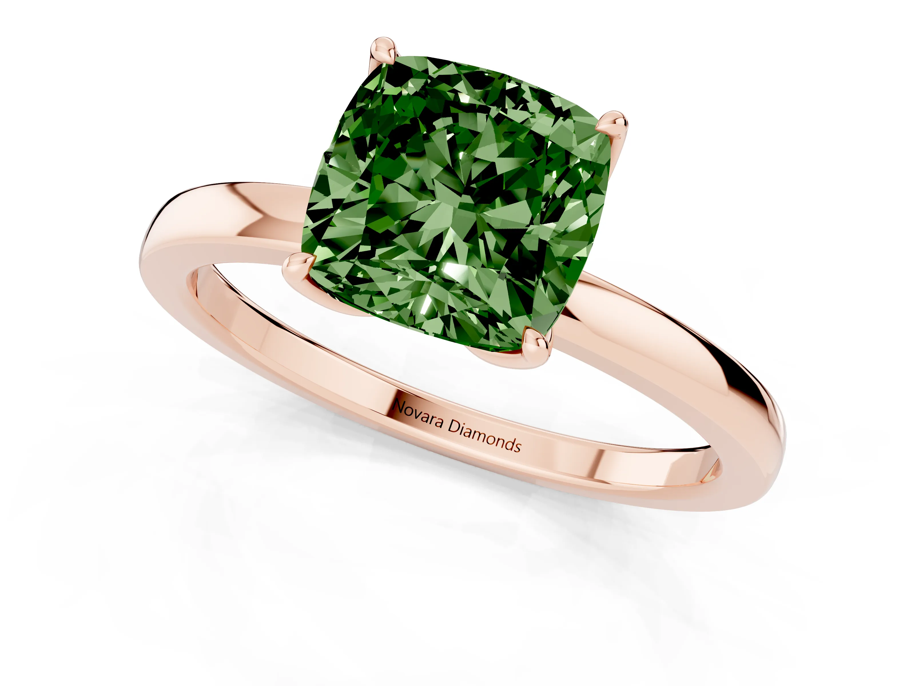 Fancy Green Cushion Cut Diamond Solitaire Ring Set in Rose gold with Prong Setting and Thin Polished Band