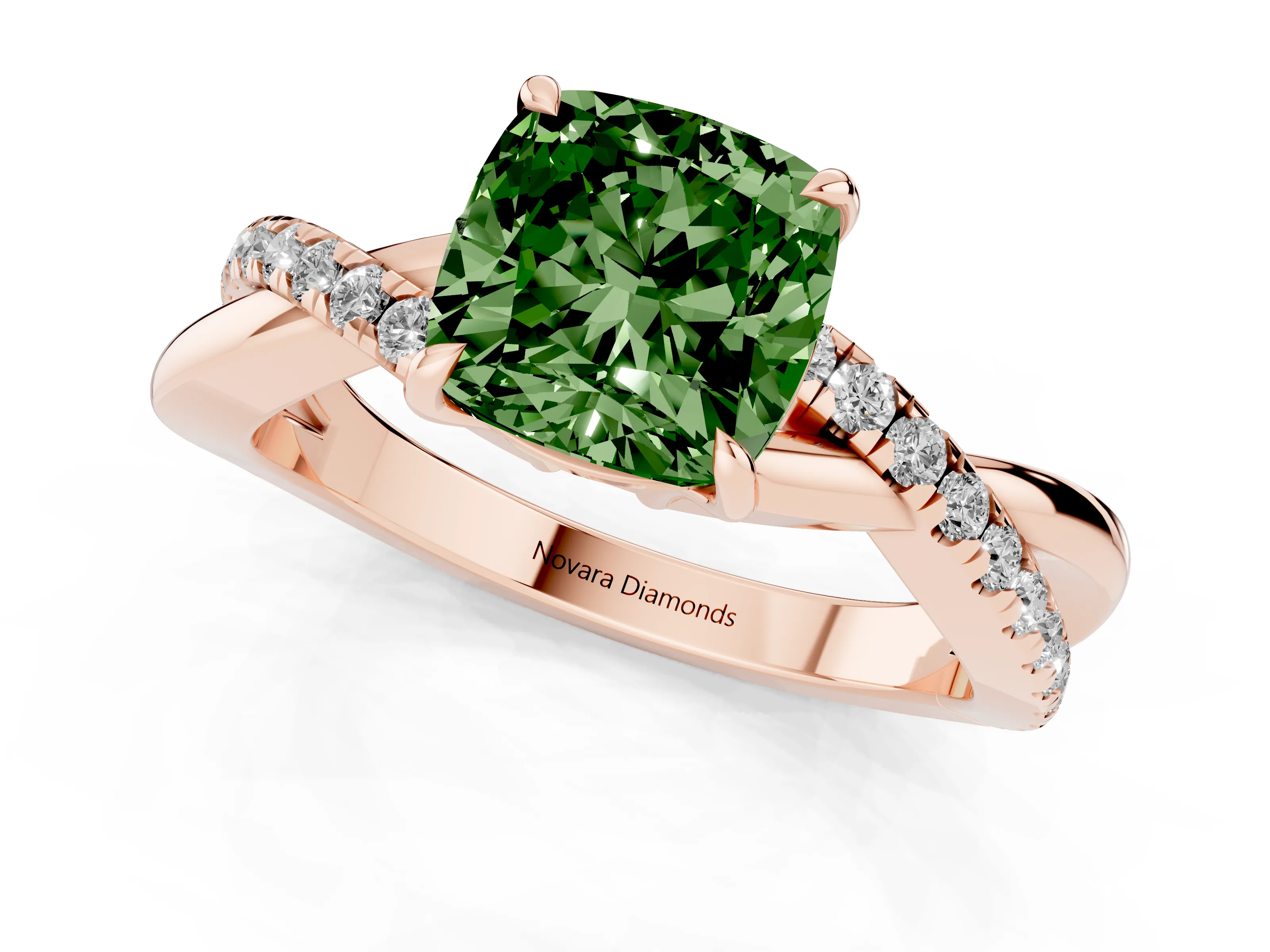 Fancy Green Cushion Cut Diamond Twisted Pavé Band Ring Set in Rose gold with Prong Setting