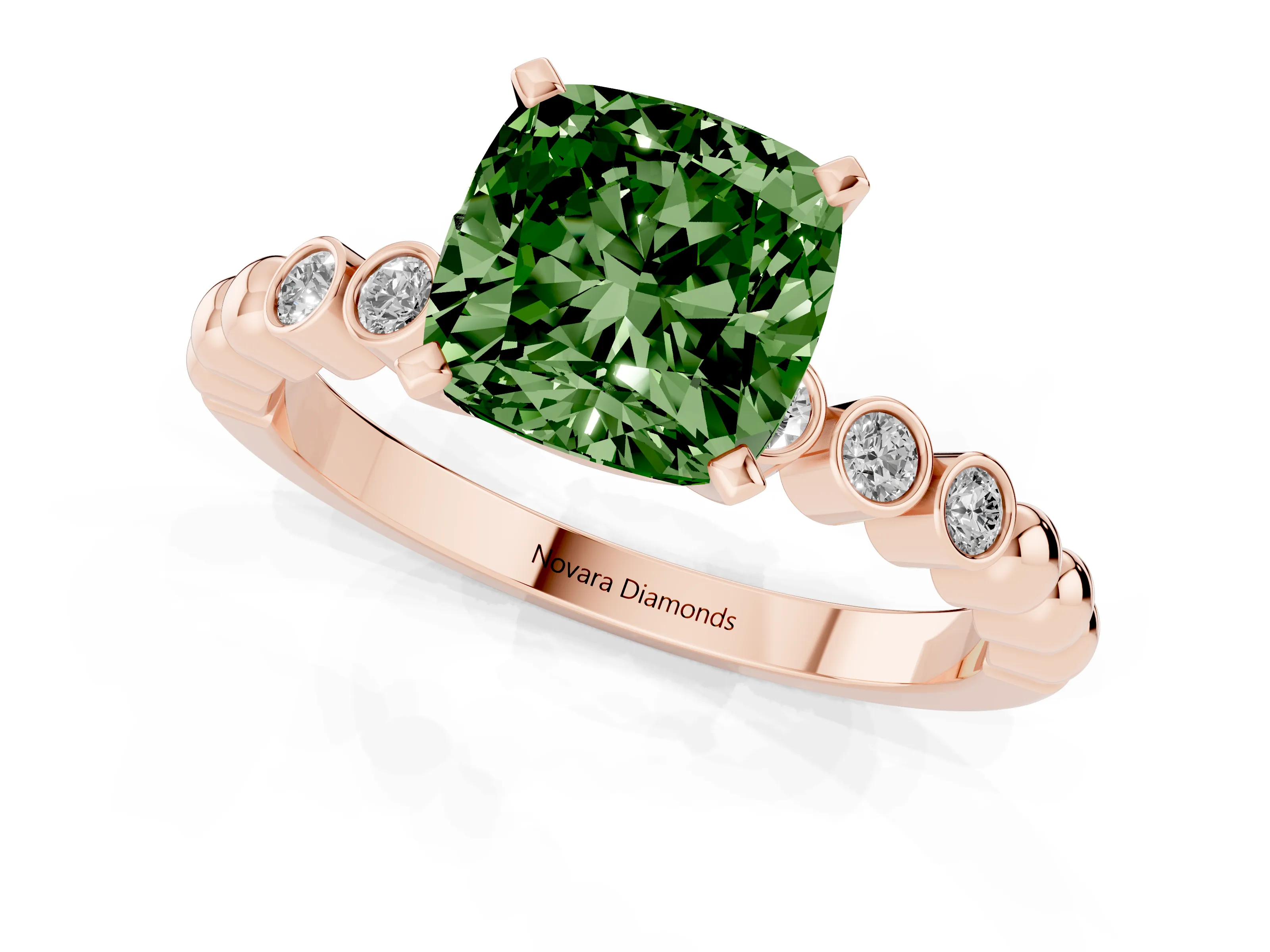 Fancy Green Cushion Cut Diamond Solitaire Engagement Ring Set in Rose gold with Bezel Accents on Beaded Band – second view