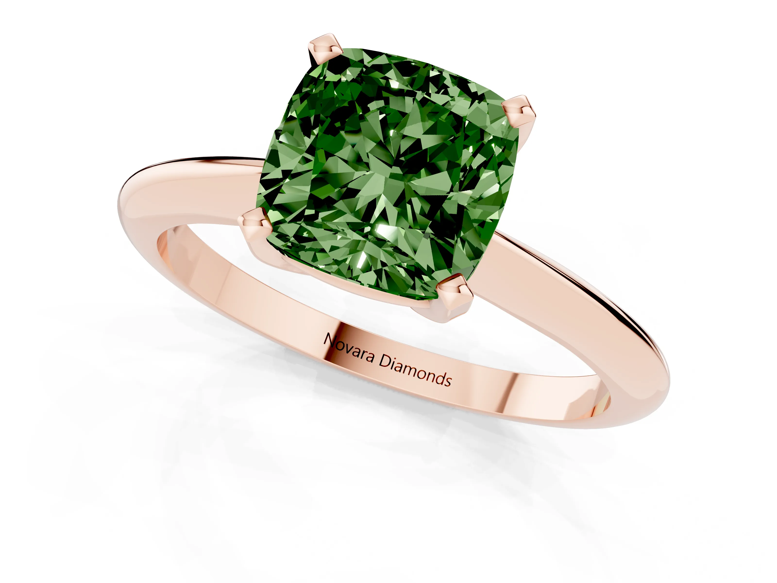 Fancy Green Cushion Cut Diamond Solitaire Ring Set in Rose gold with Prong Setting on a Plain Round Band